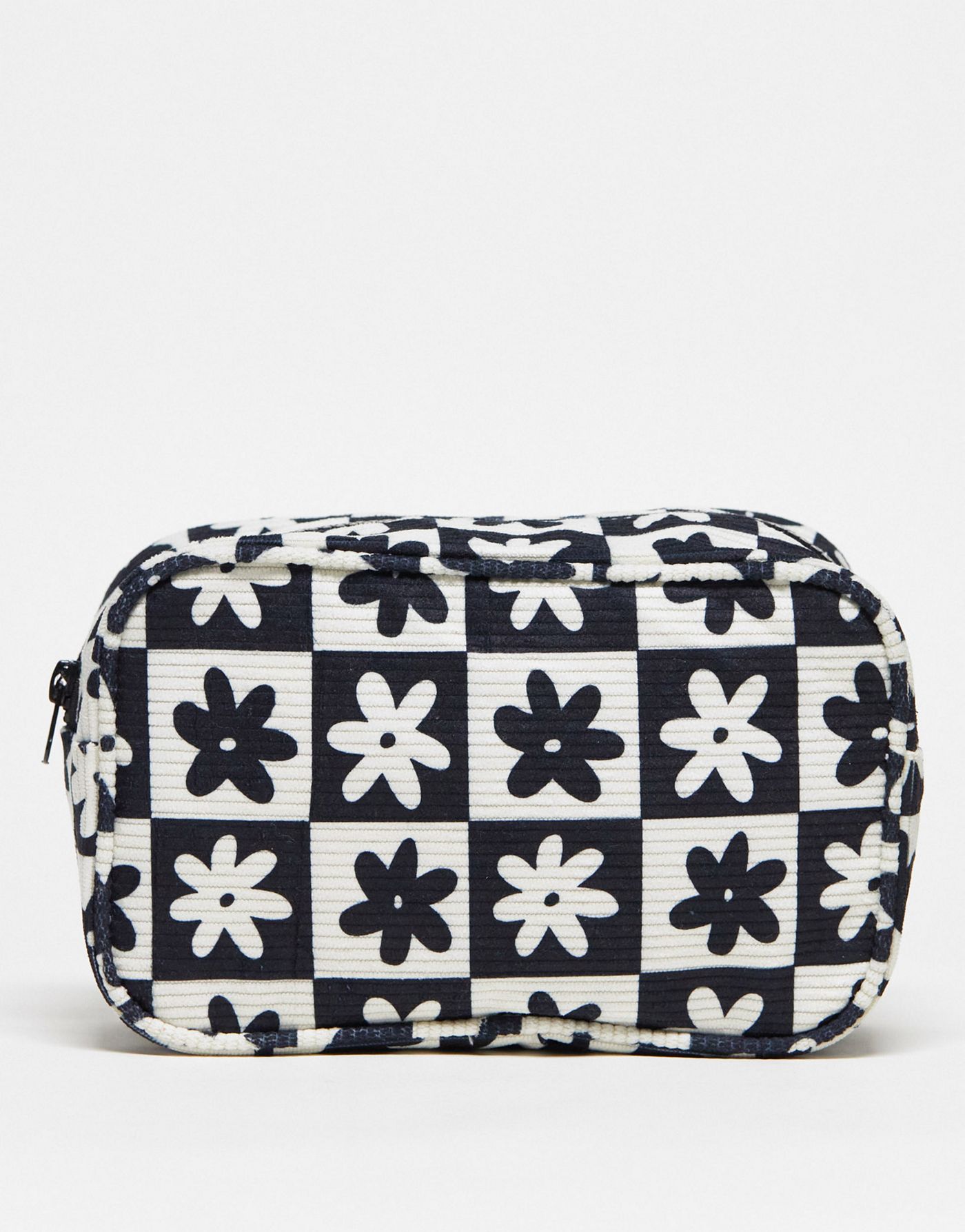 Daisy Street cord flower print cosmetic bag in black and white