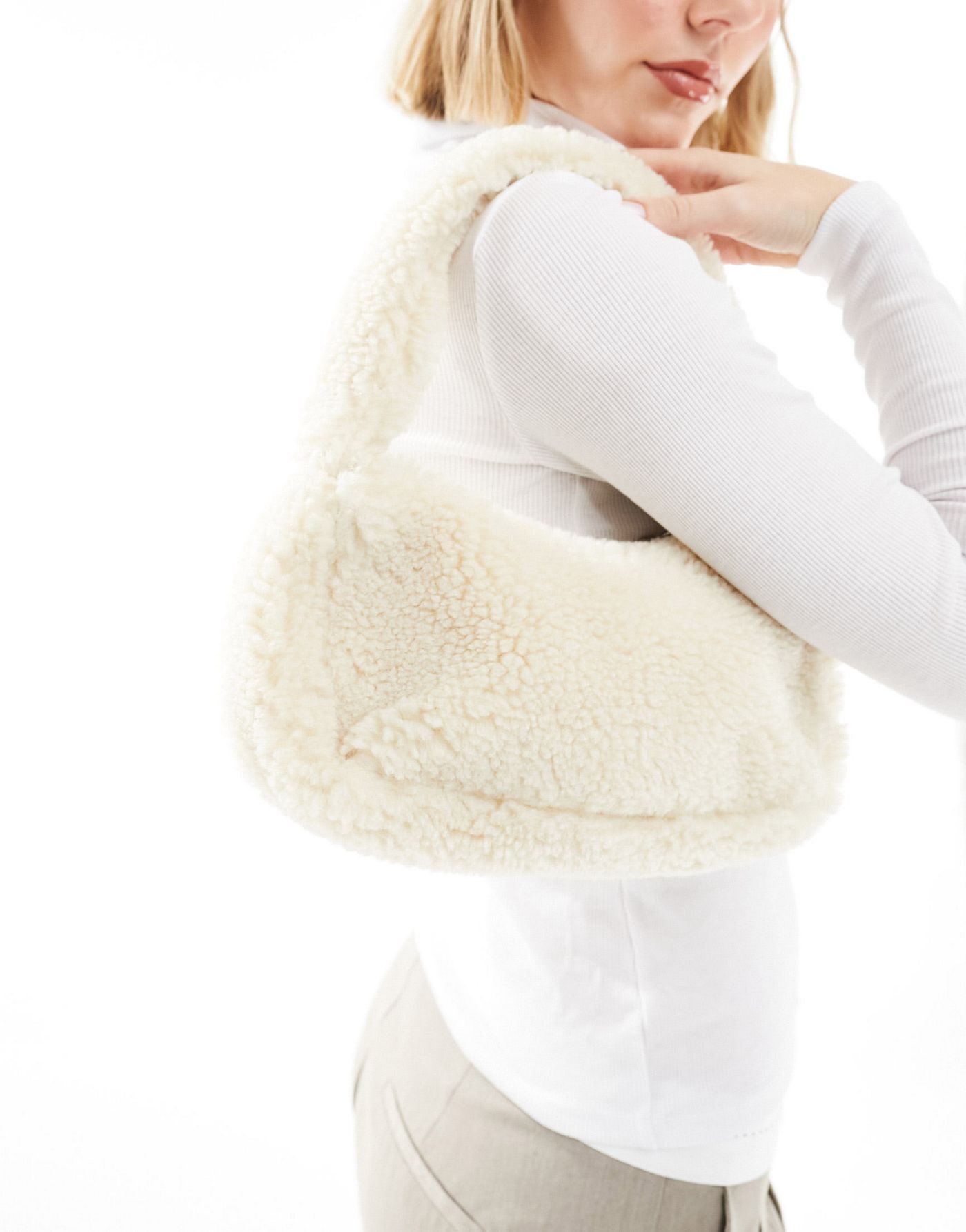 Monki borg teddy shoulder bag in cream