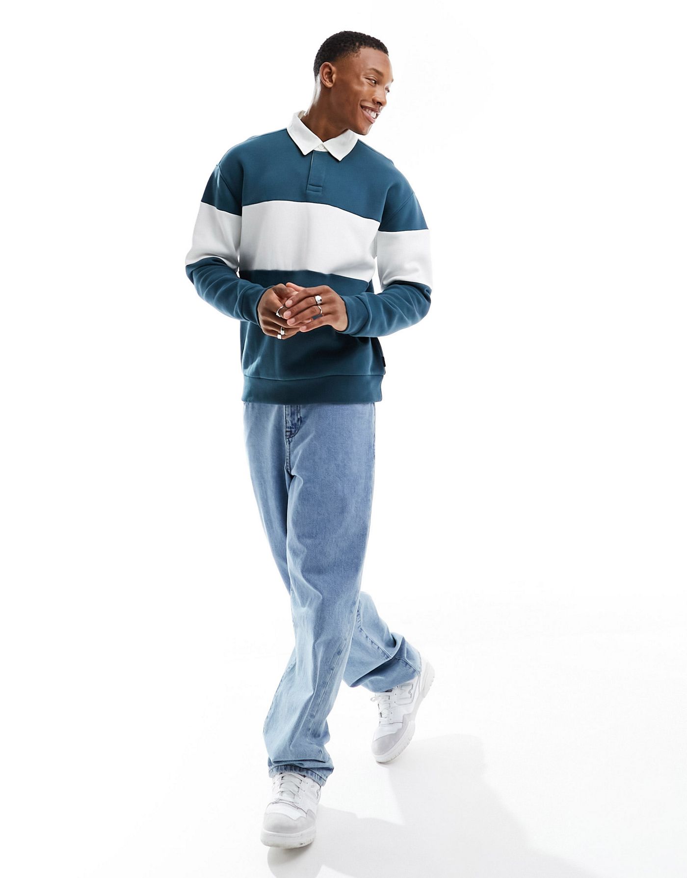 Hollister chest stripe relaxed fit rugby sweatshirt in blue/white