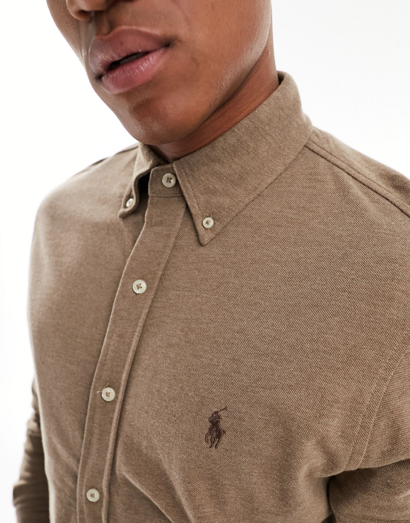 Polo Ralph Lauren icon logo button down pique shirt in tan marl