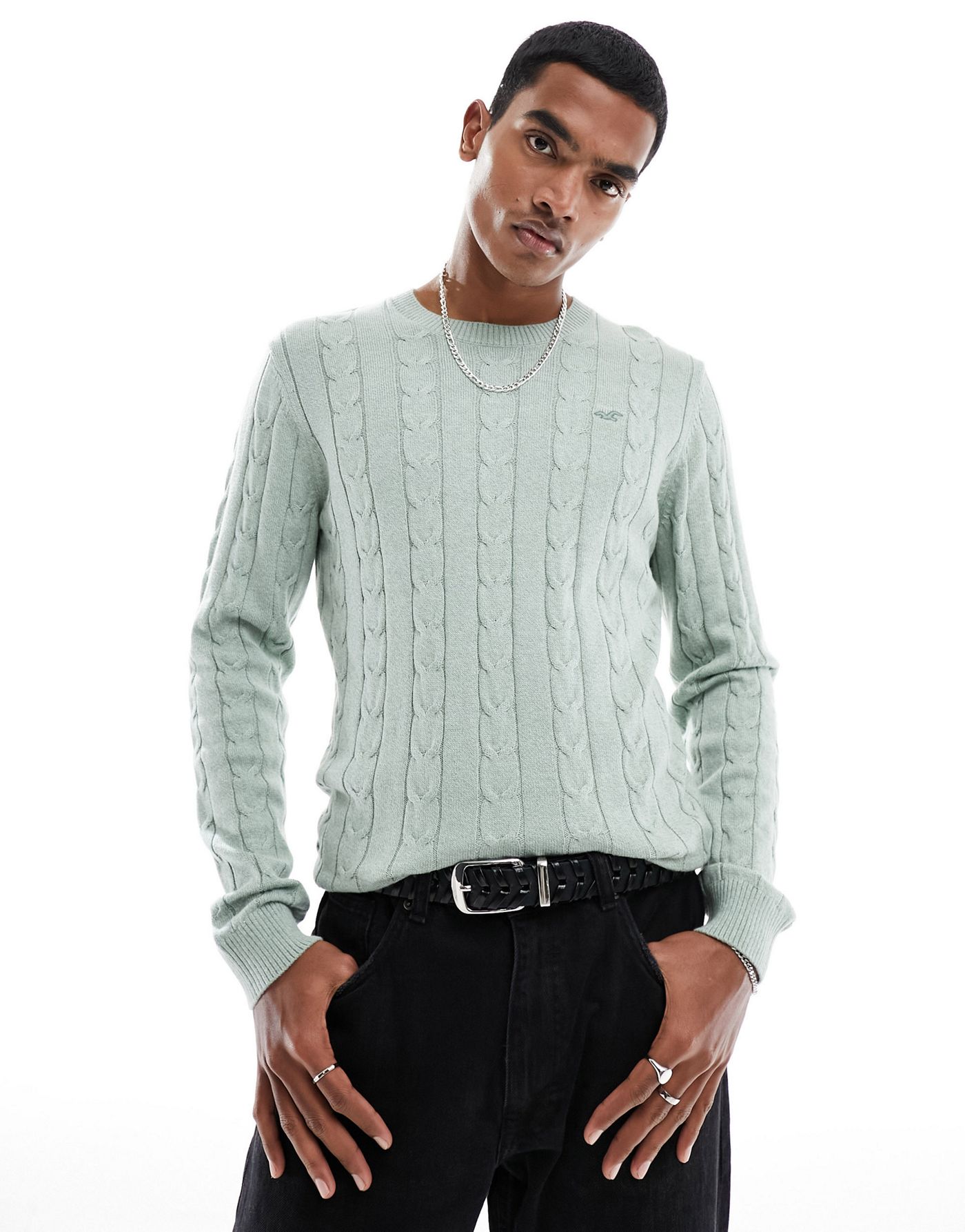 Hollister icon logo lightweight cable knit crew jumper in sage green
