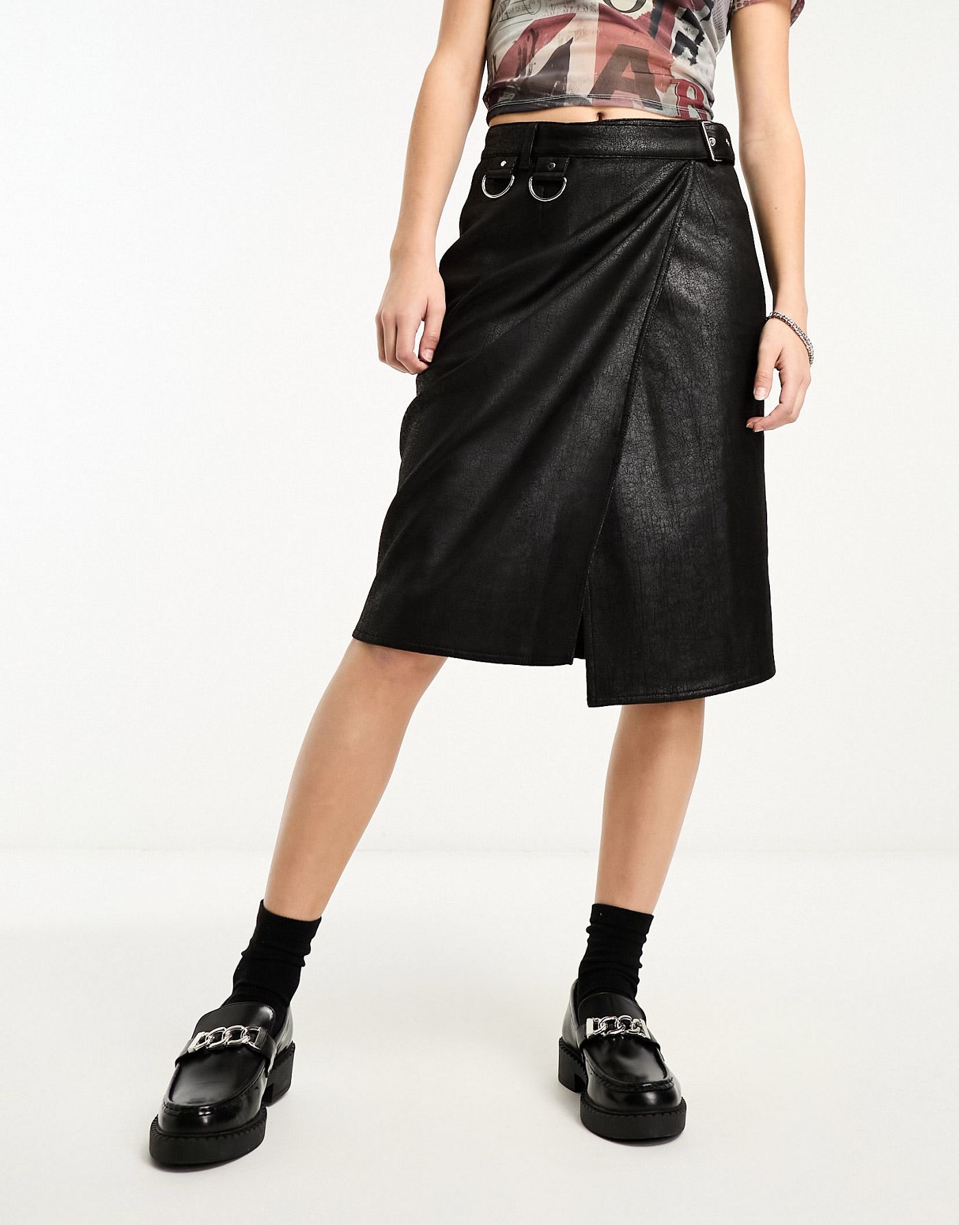 Weekday Oda faux leather midi skirt with belt and hardware details in black 