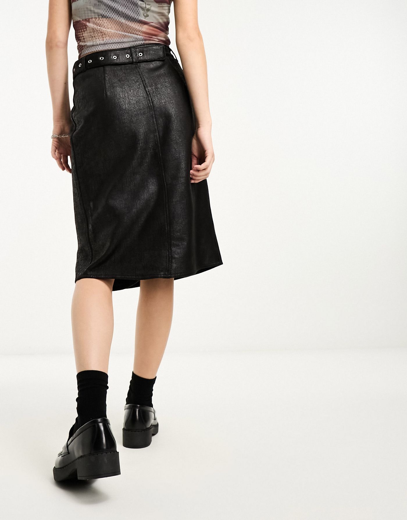 Weekday Oda faux leather midi skirt with belt and hardware details in black 