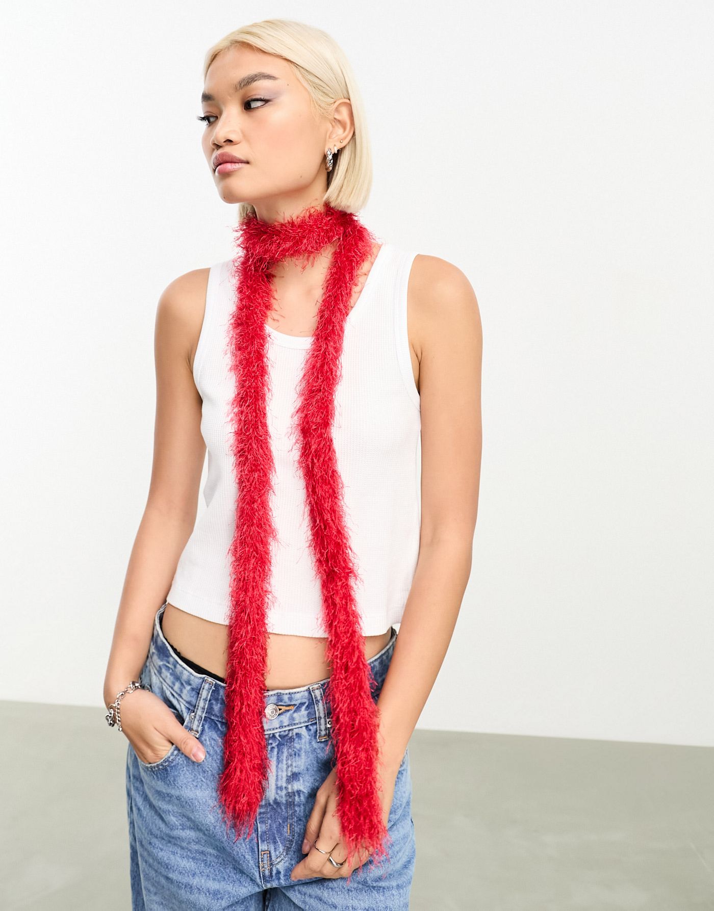 Weekday faux fur skinny scarf in red