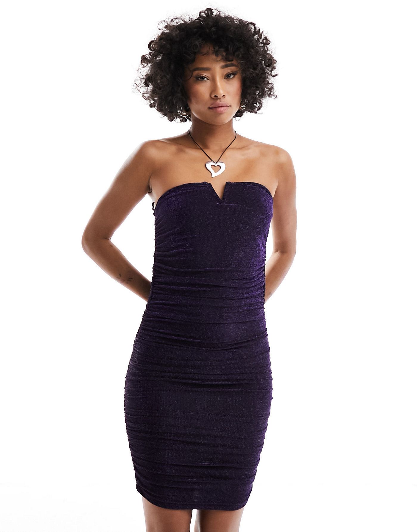 Only ruched detail bodycon dress in purple glitter