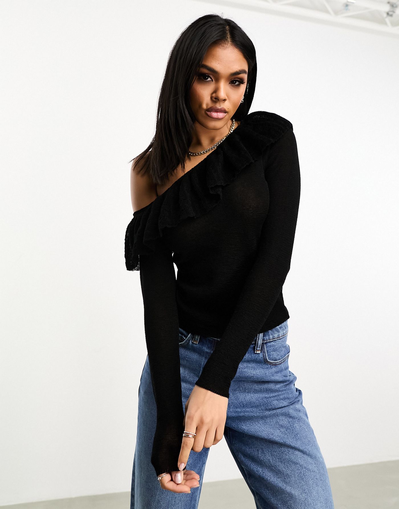 ASOS DESIGN knitted jumper with asymmetric frill detail in black