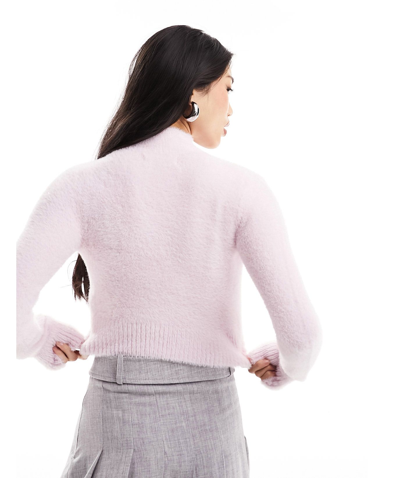 Bershka fluffy knit high neck jumper in pale pink