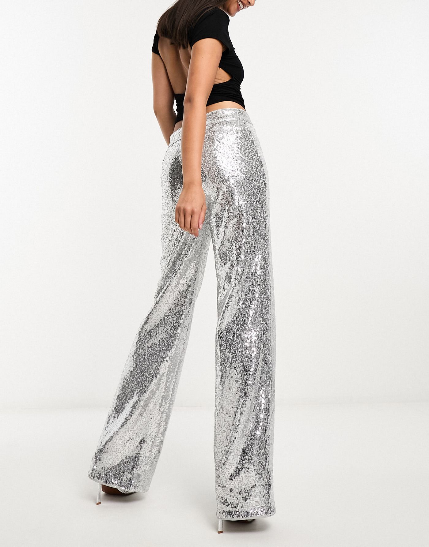Edited embellished wide leg trouser in silver