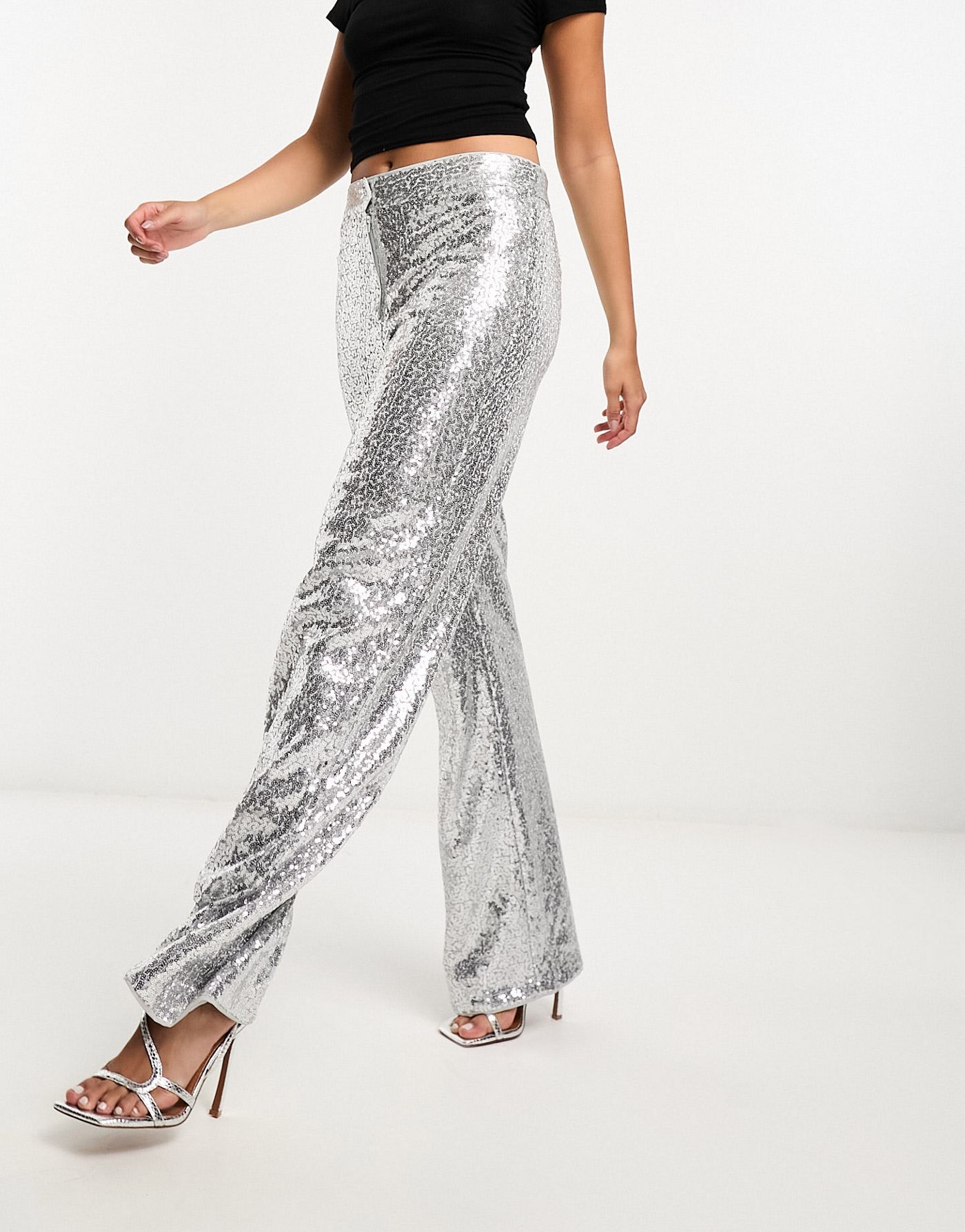 Edited embellished wide leg trouser in silver