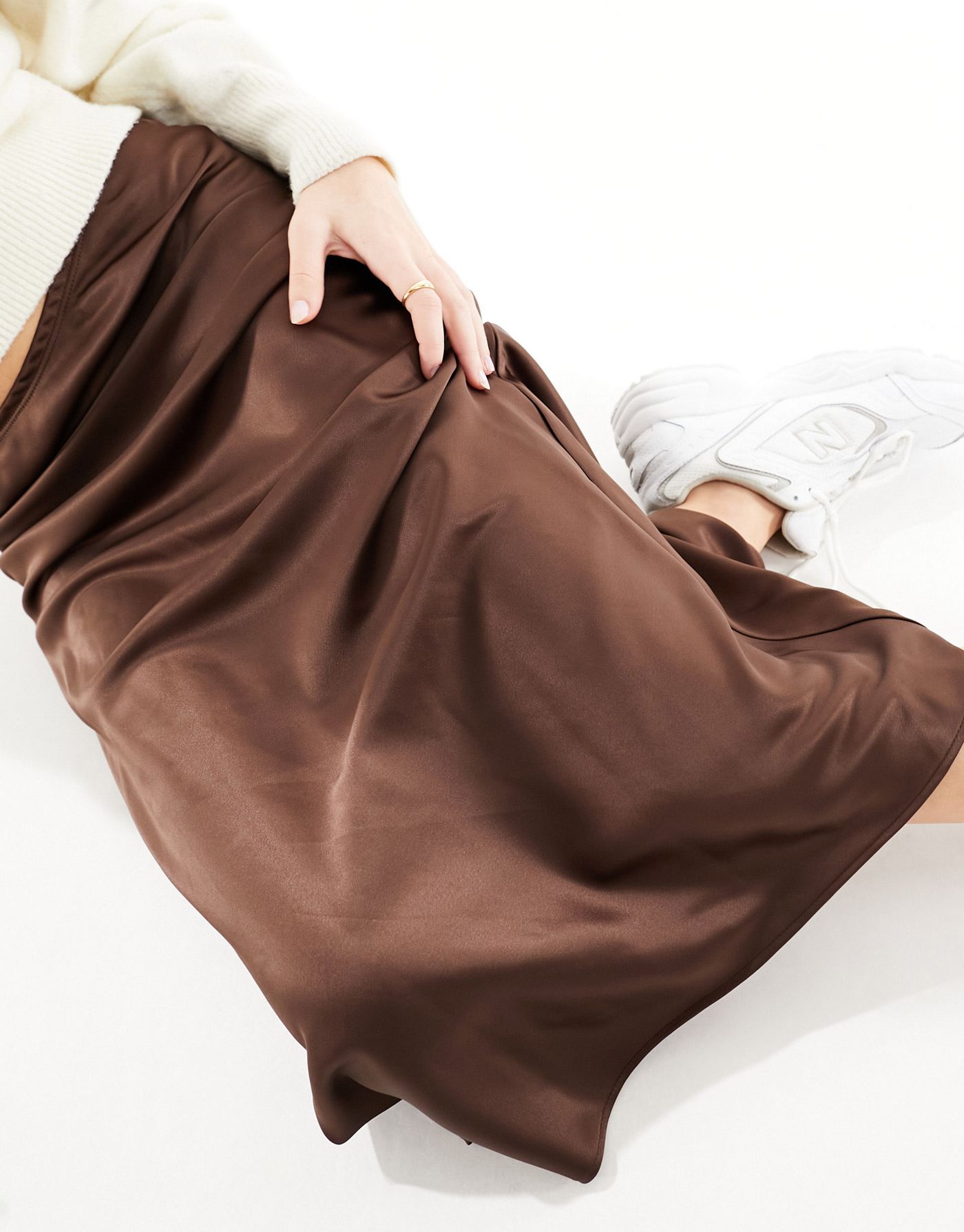 River Island bias maxi skirt in brown satin