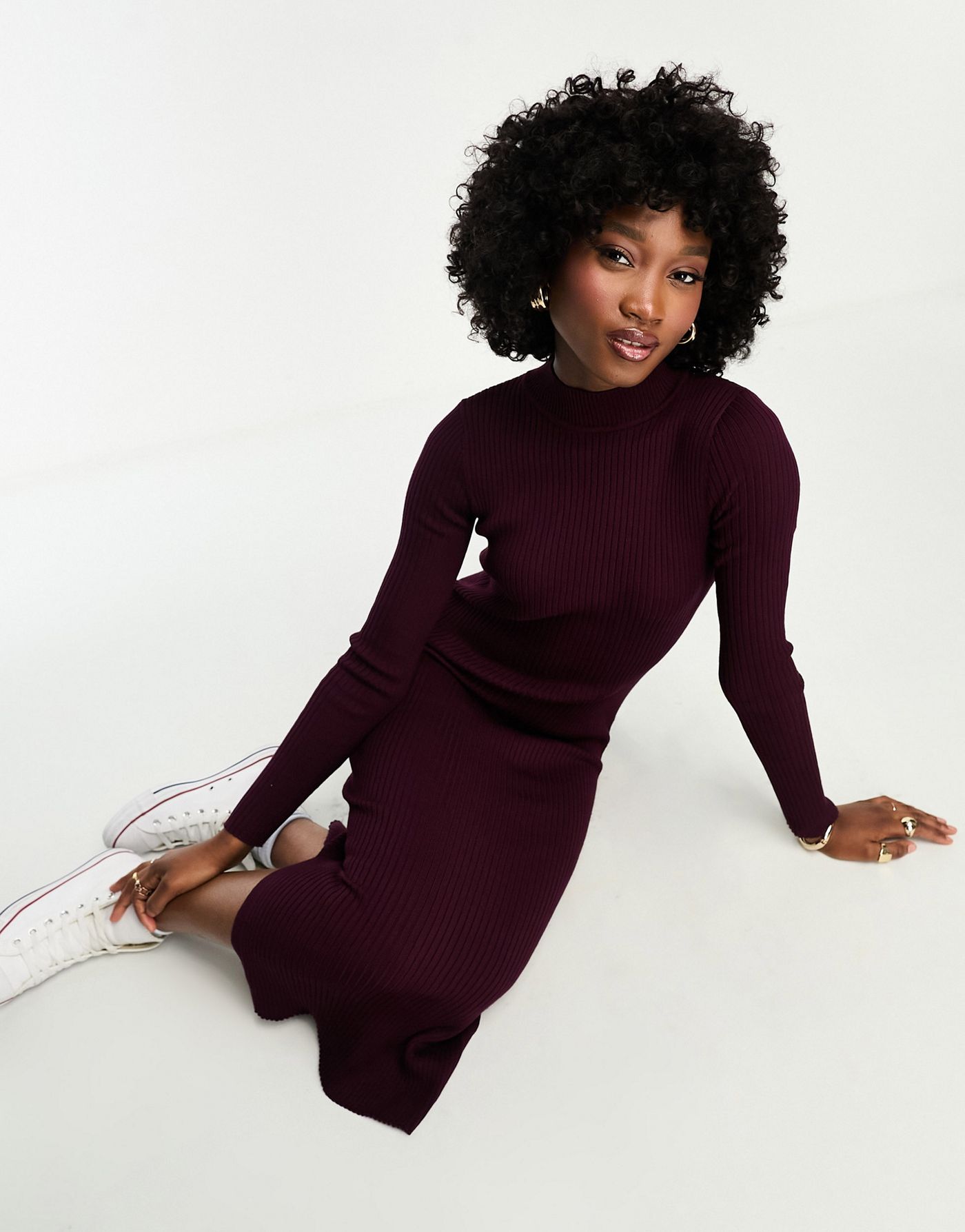 New Look ribbed knitted dress with side split in burgundy