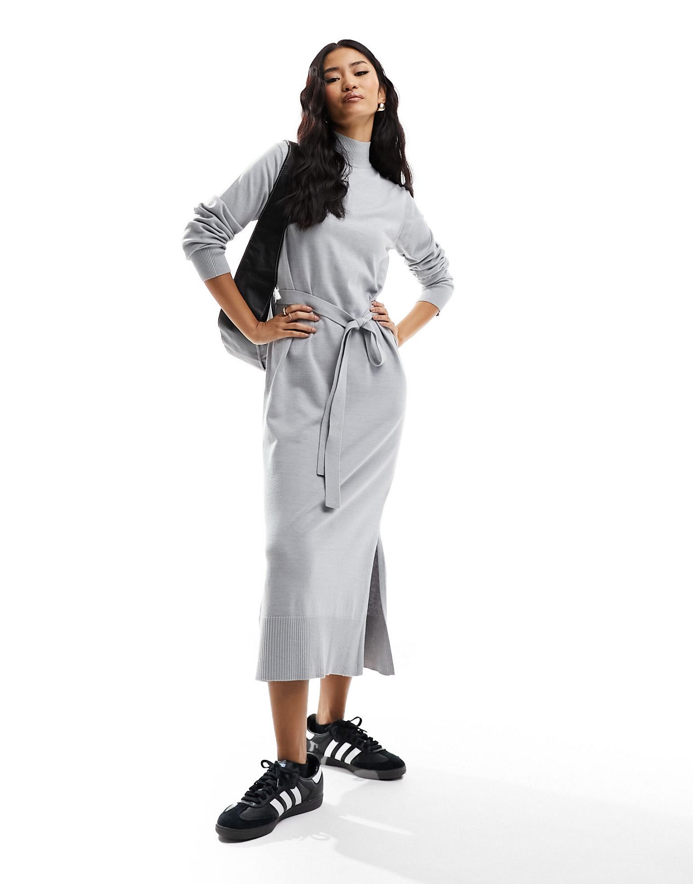 New Look belted knitted midi dress in light grey