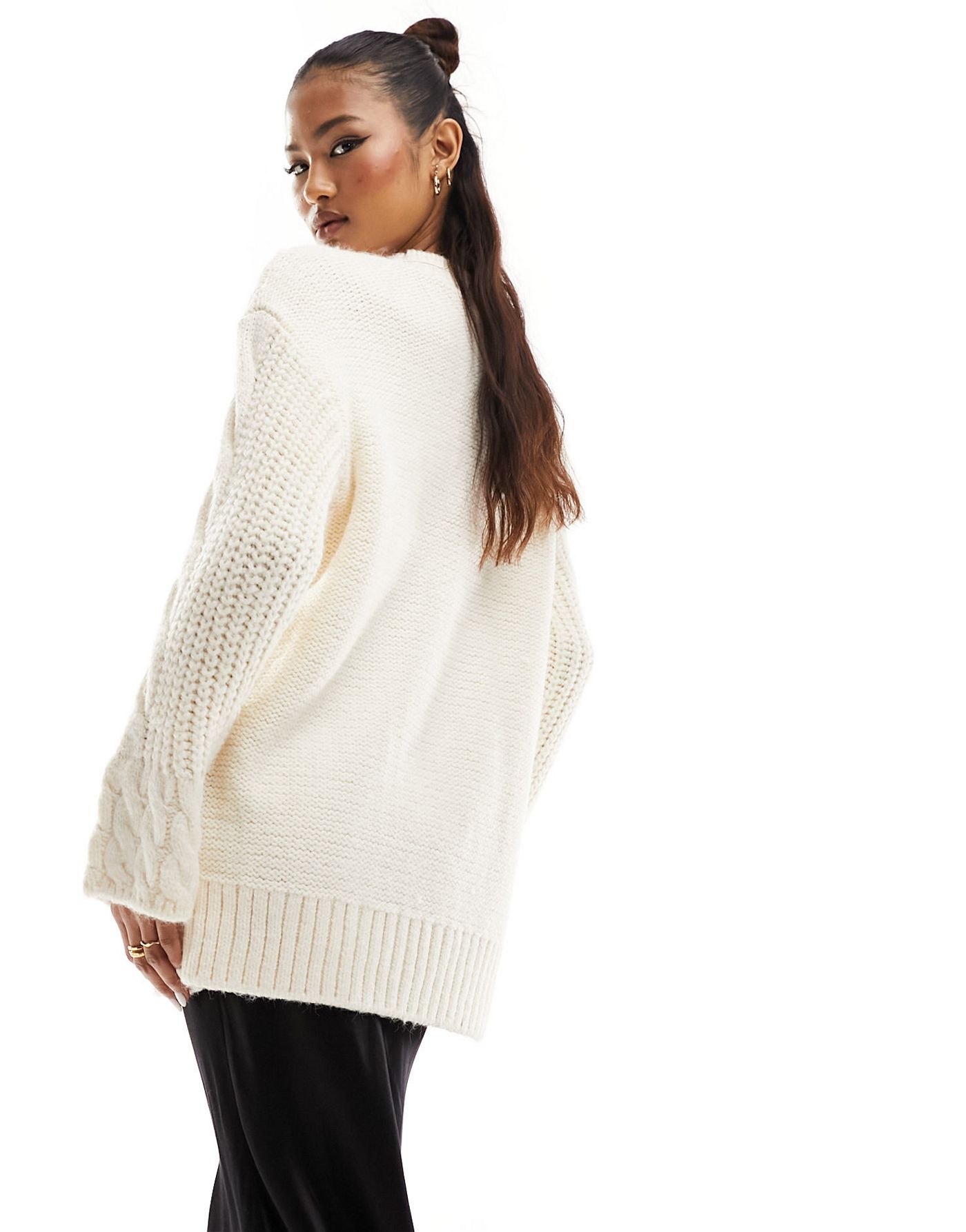 River Island v-neck mixed cable knit jumper in cream