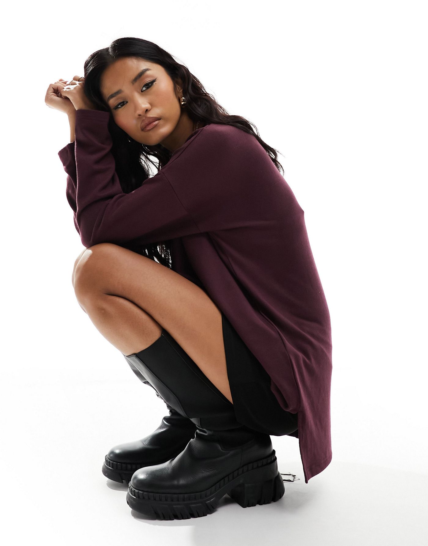 New Look long sleeve knitted top in burgundy