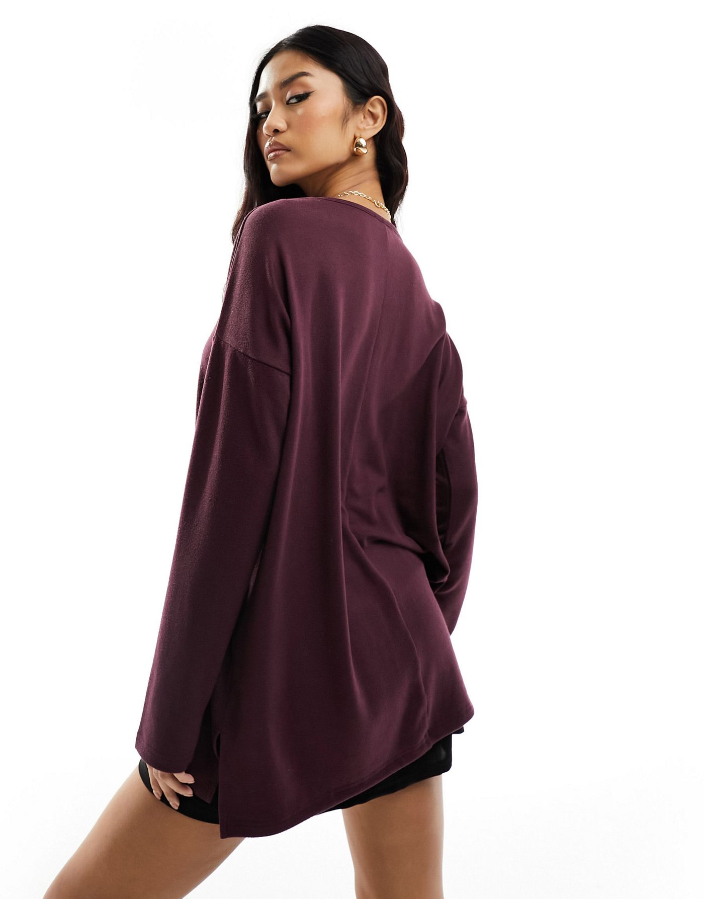 New Look long sleeve knitted top in burgundy
