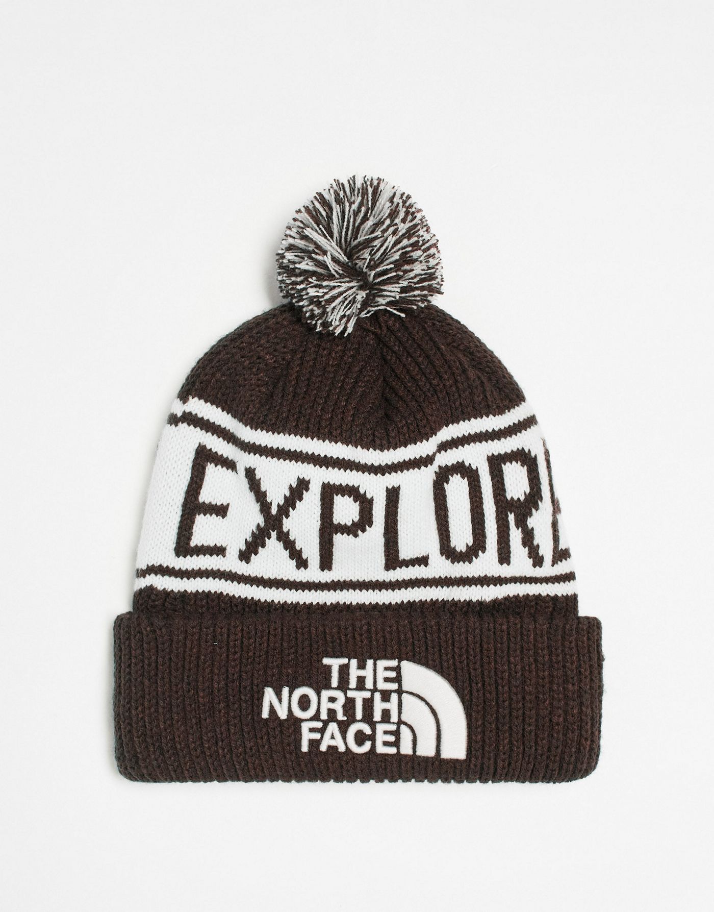 The North Face Retro bobble hat in brown and off white