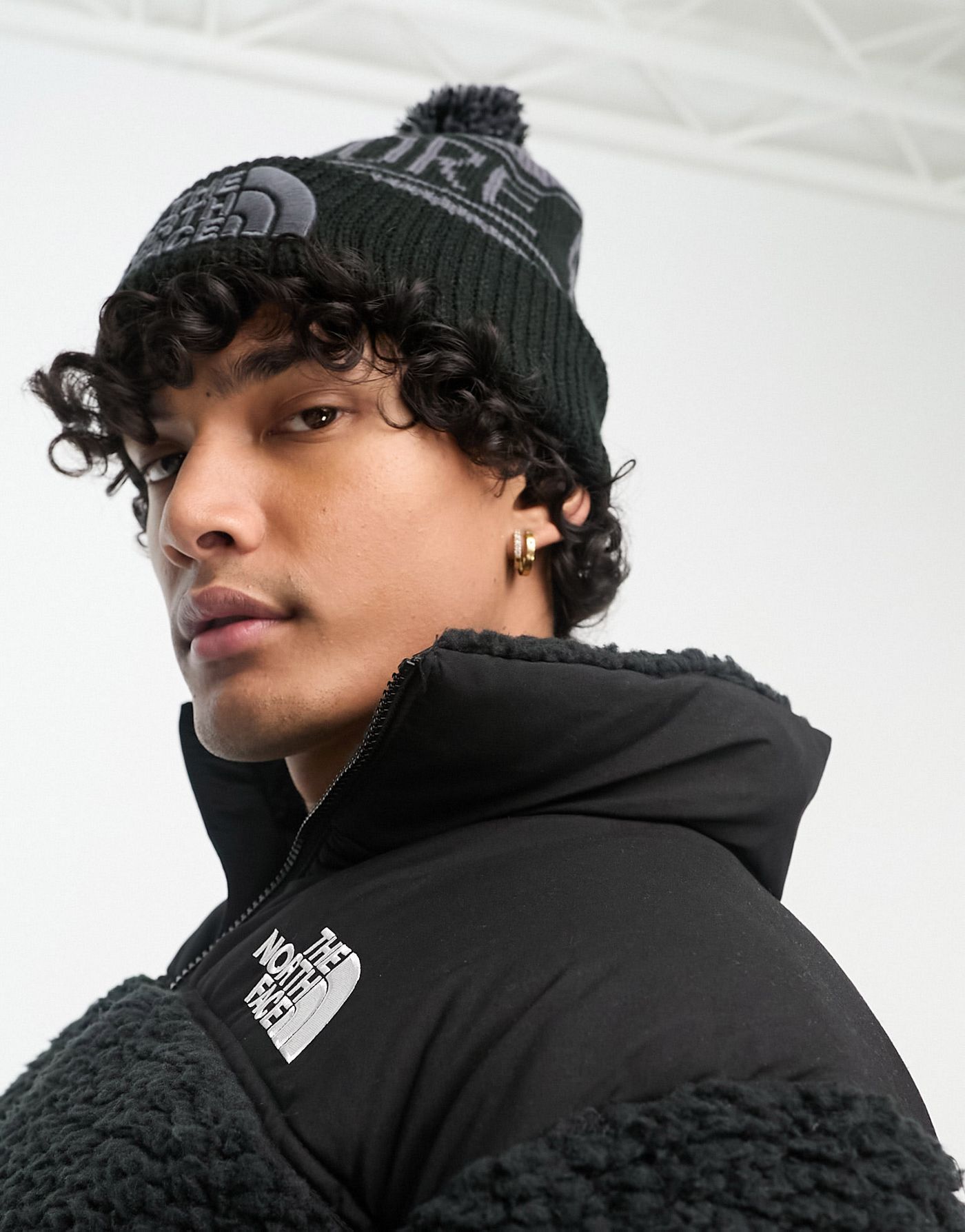 The North Face Retro bobble hat in black and grey