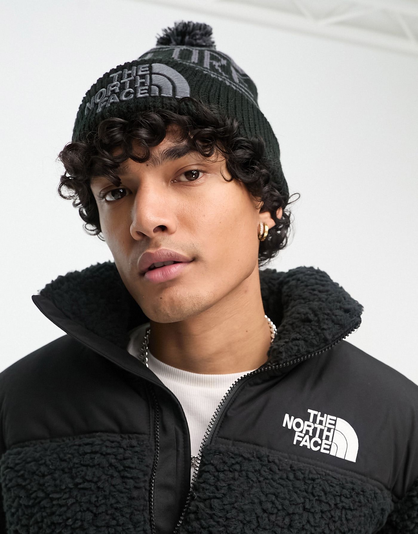 The North Face Retro bobble hat in black and grey