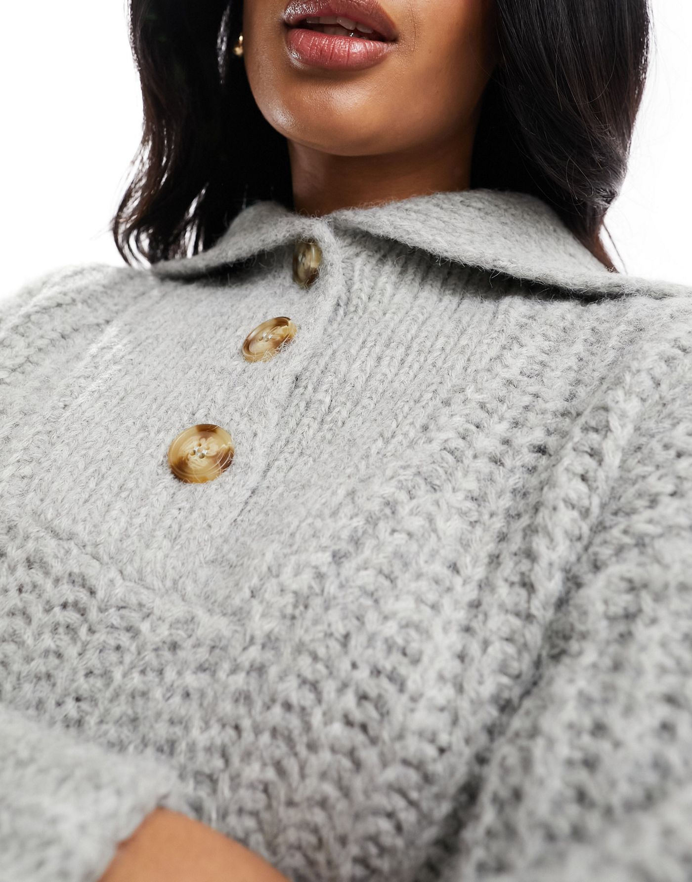 Pimkie knitted wide sleeve collar detail jumper in grey marl