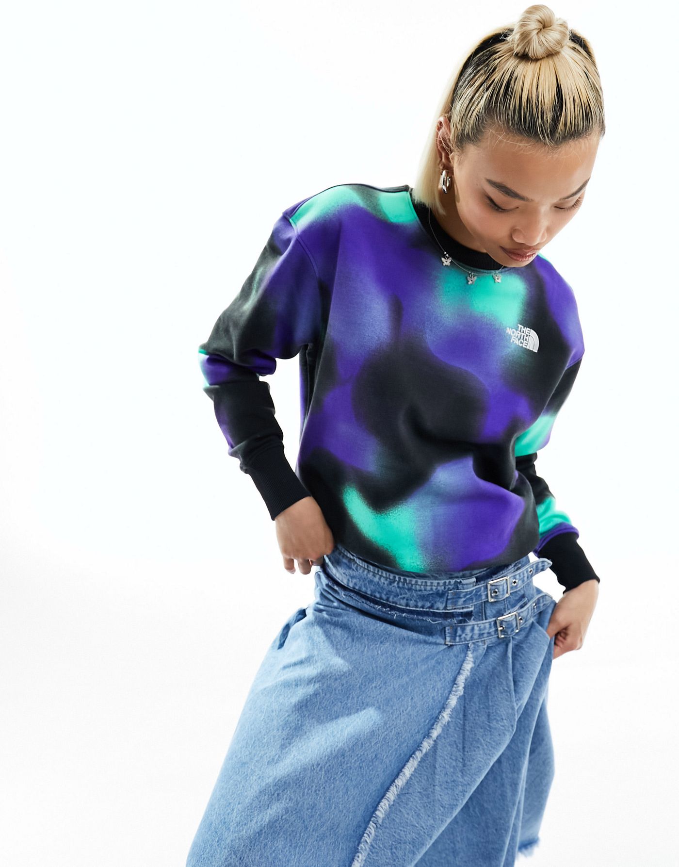 The North Face Essential oversized fleece sweatshirt in blue marble print Exclusive at ASOS