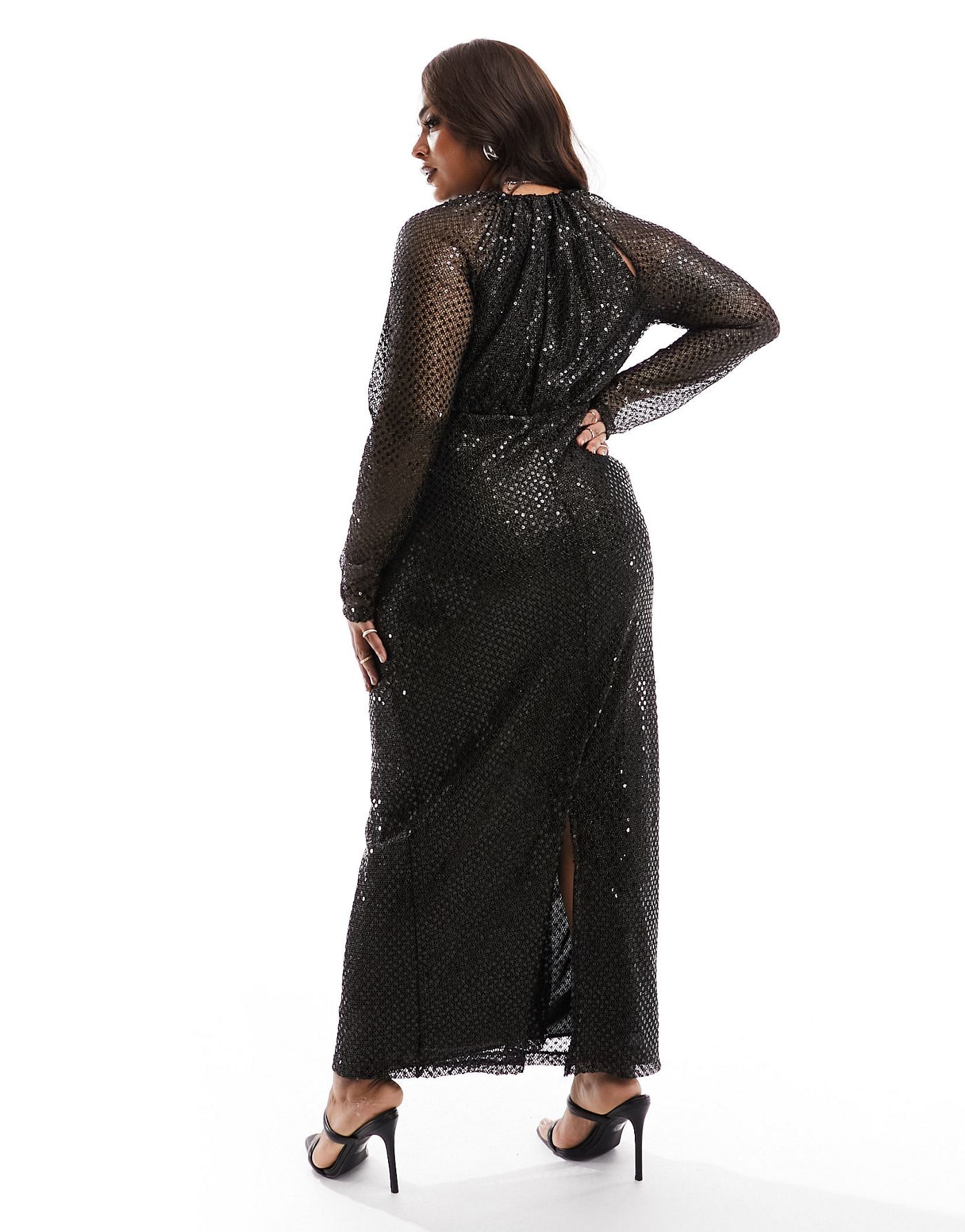 ASOS DESIGN Curve sheer sequin mesh maxi dress with drape bodice and bodysuit in black