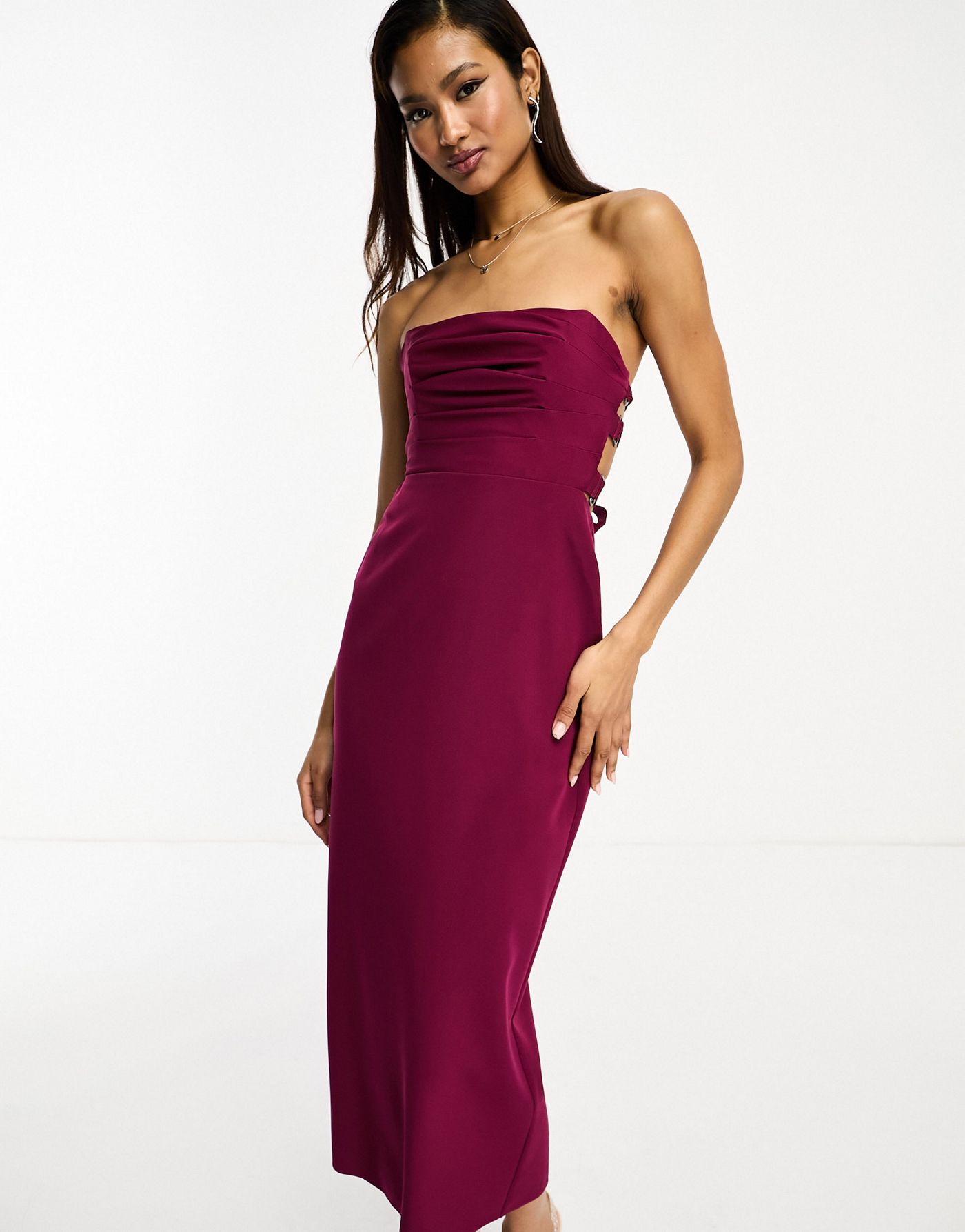 ASOS DESIGN pleat bandeau midi dress with lace up back detail in purple