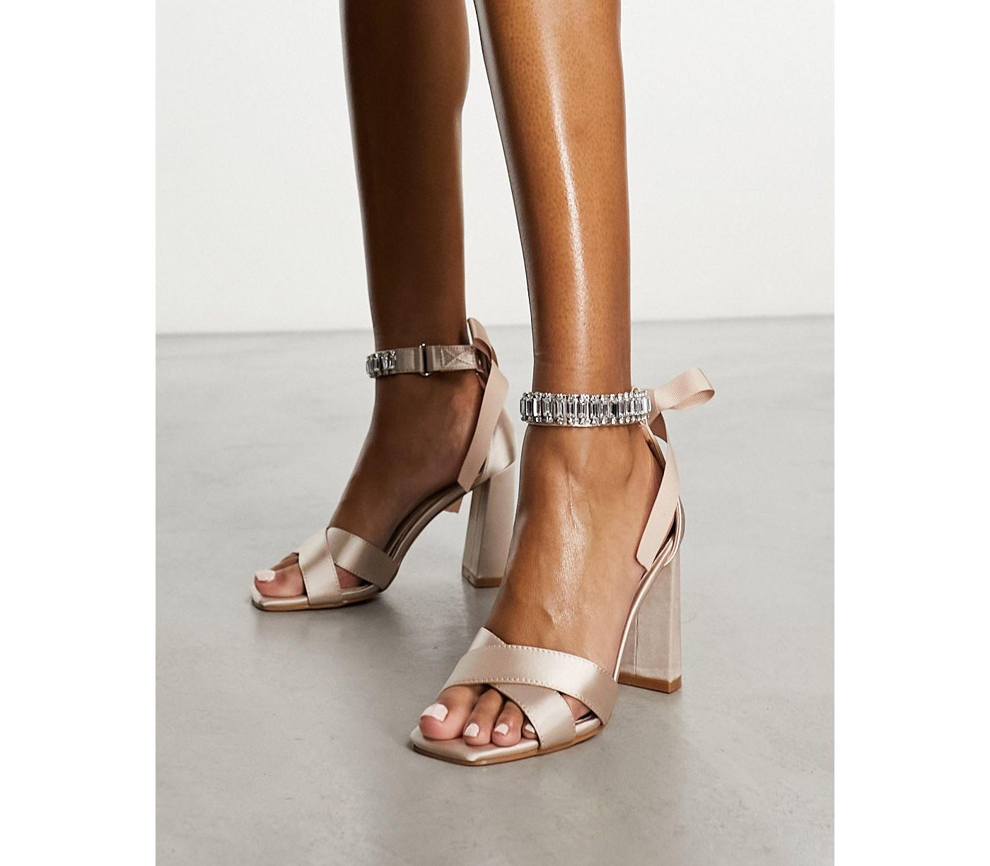 Be Mine Wide Fit Bridal Carmela block heeled sandals with embellished ribbon tie in blush satin