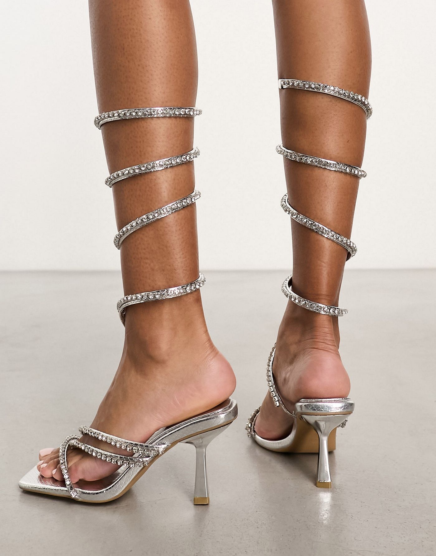Simmi London Freesia embellished leg wrap sandals in silver