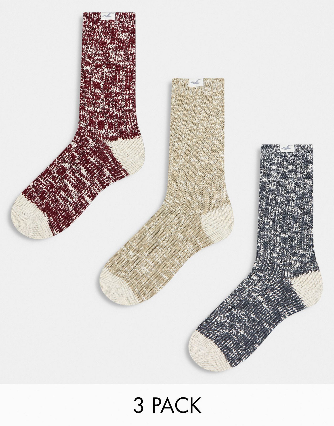 Hollister 3 pack camp cozy marl crew socks in grey/cream/red