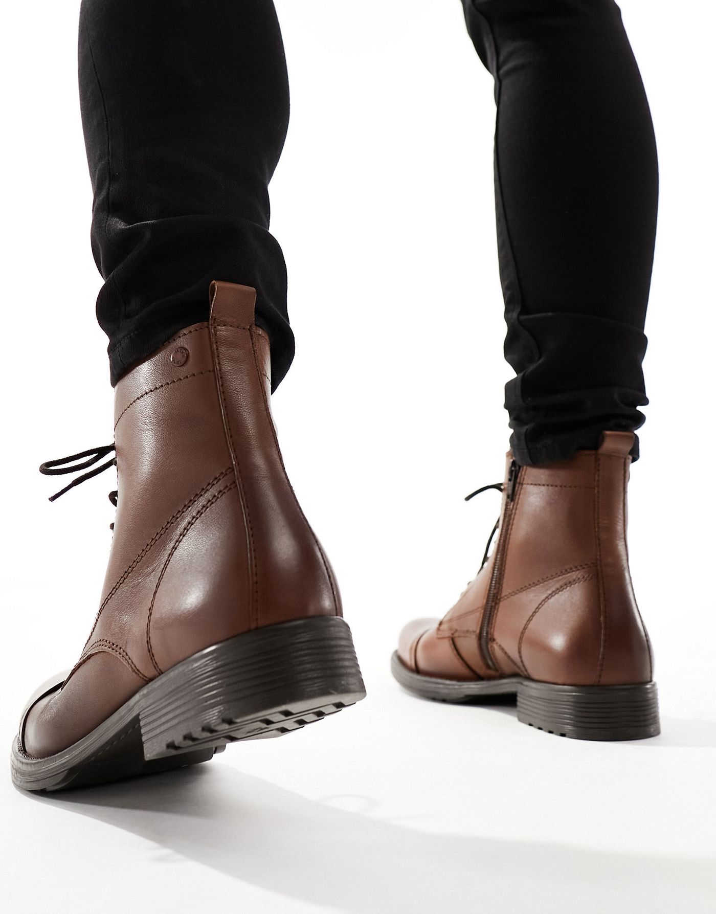 Jack & Jones leather lace up boot in brown