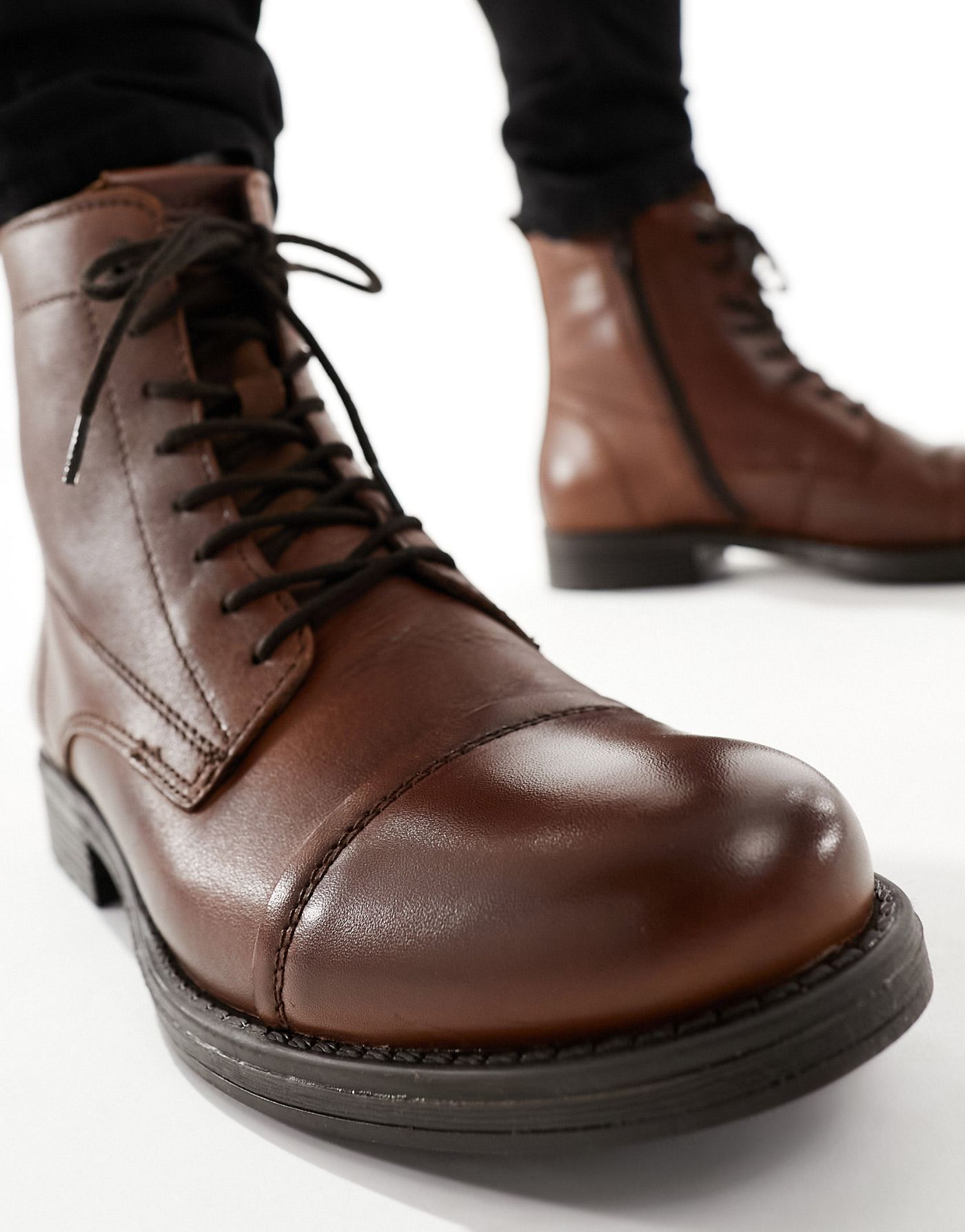 Jack & Jones leather lace up boot in brown