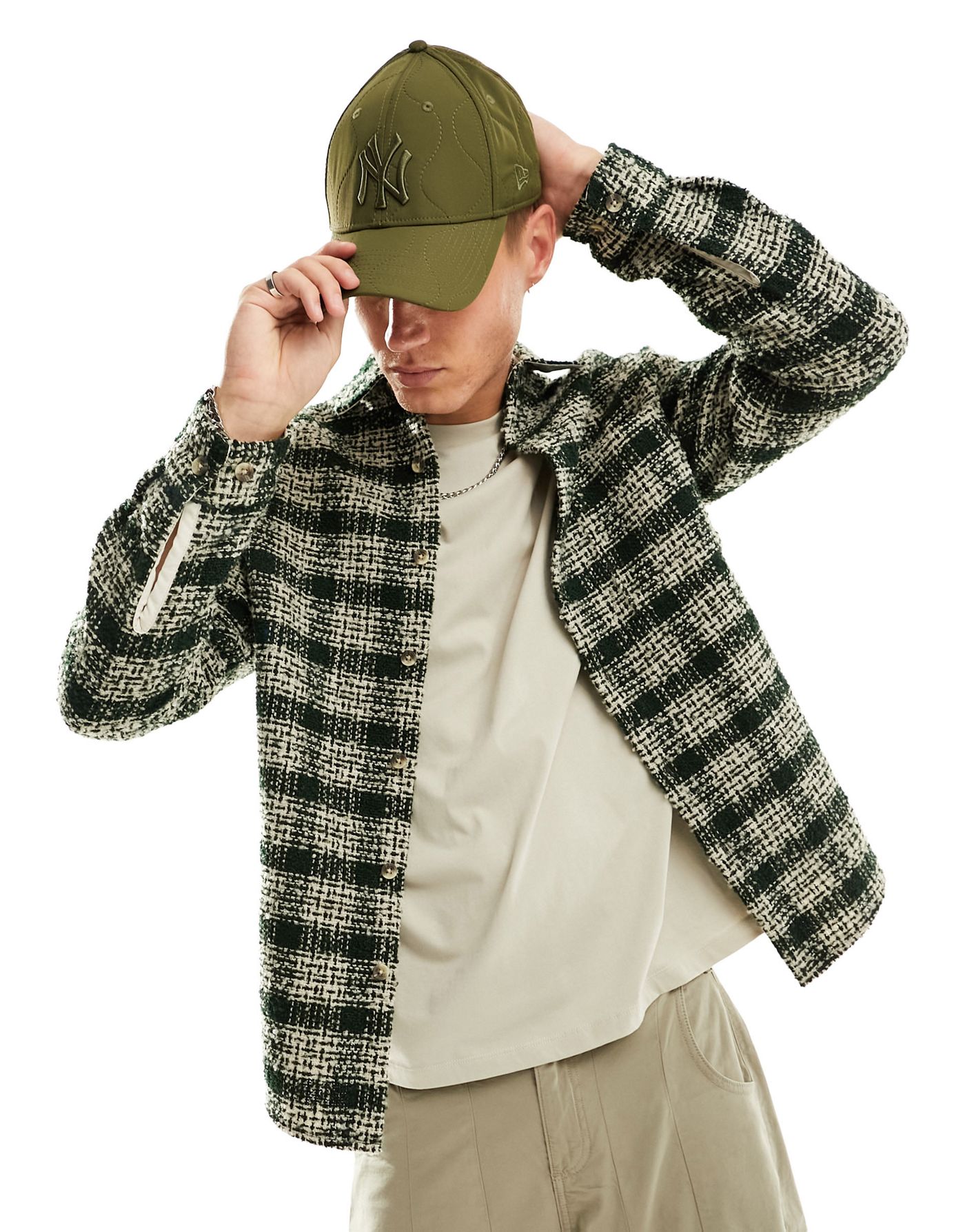 ASOS DESIGN overshirt in boucle textured check in green and ecru