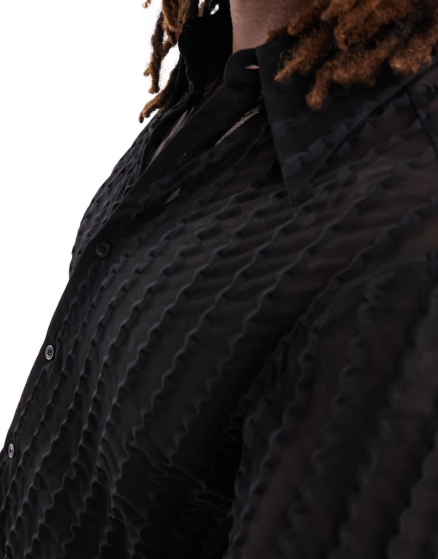 ASOS DESIGN skinny 70s collar shirt in wavy plisse in black 
