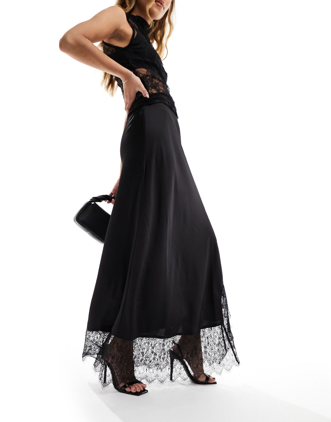 Y.A.S satin lace trim maxi skirt with side slit in black