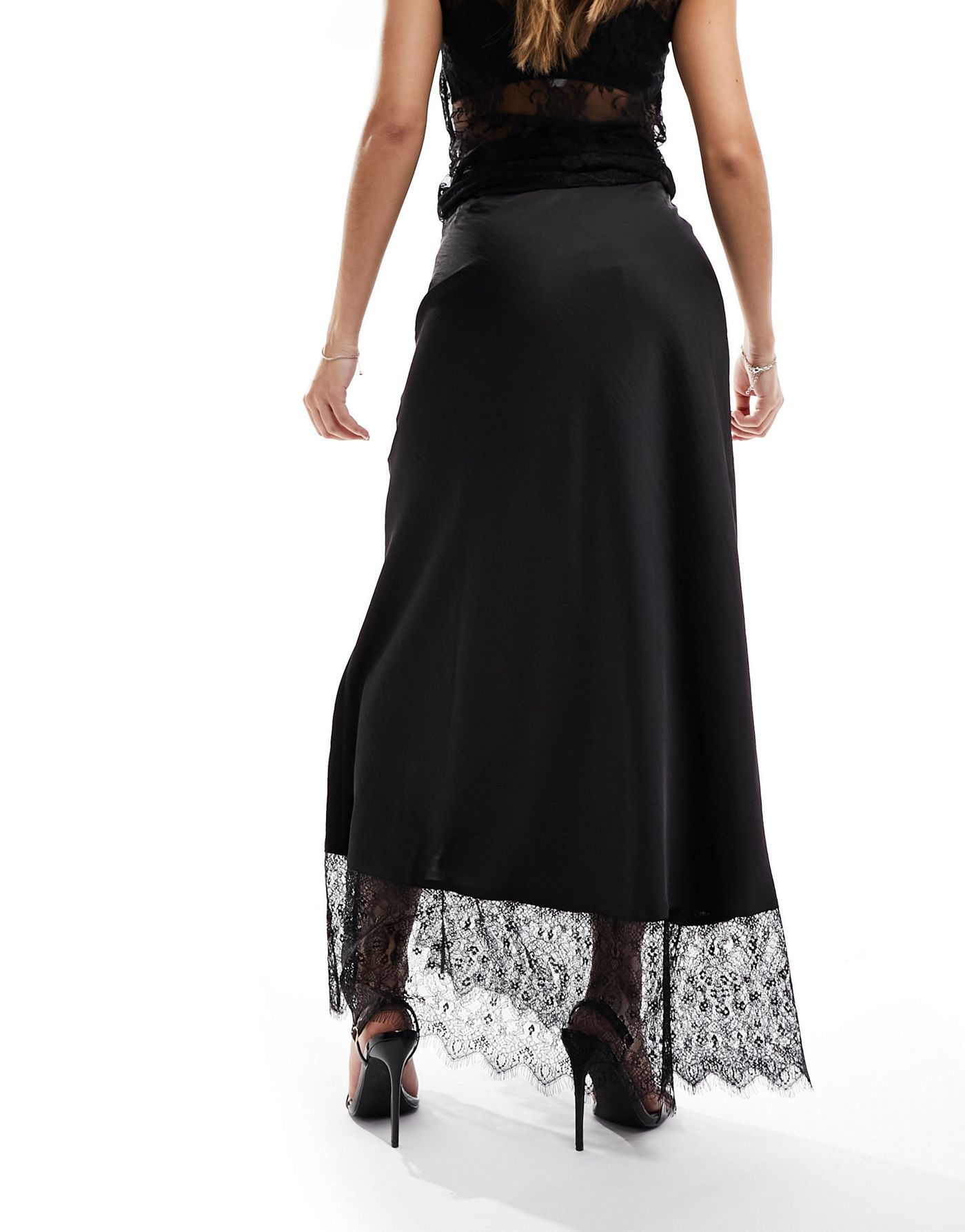 Y.A.S satin lace trim maxi skirt with side slit in black