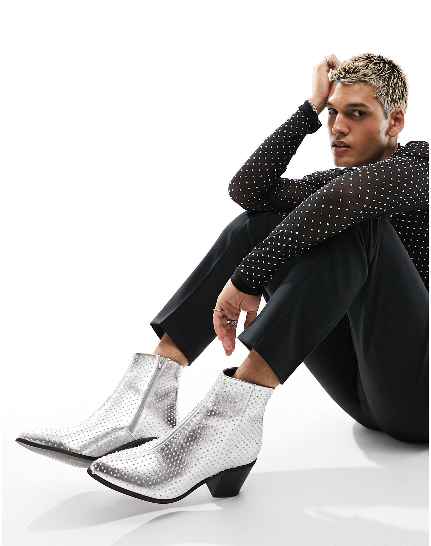 ASOS DESIGN heeled chelsea boot in silver with studs