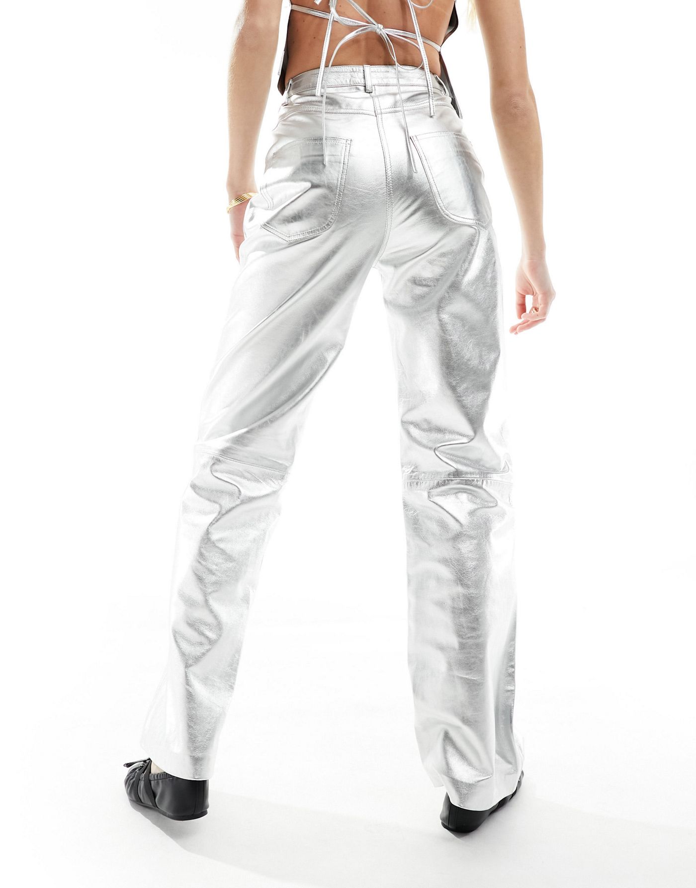 Muubaa high waist straight leg leather trousers in silver