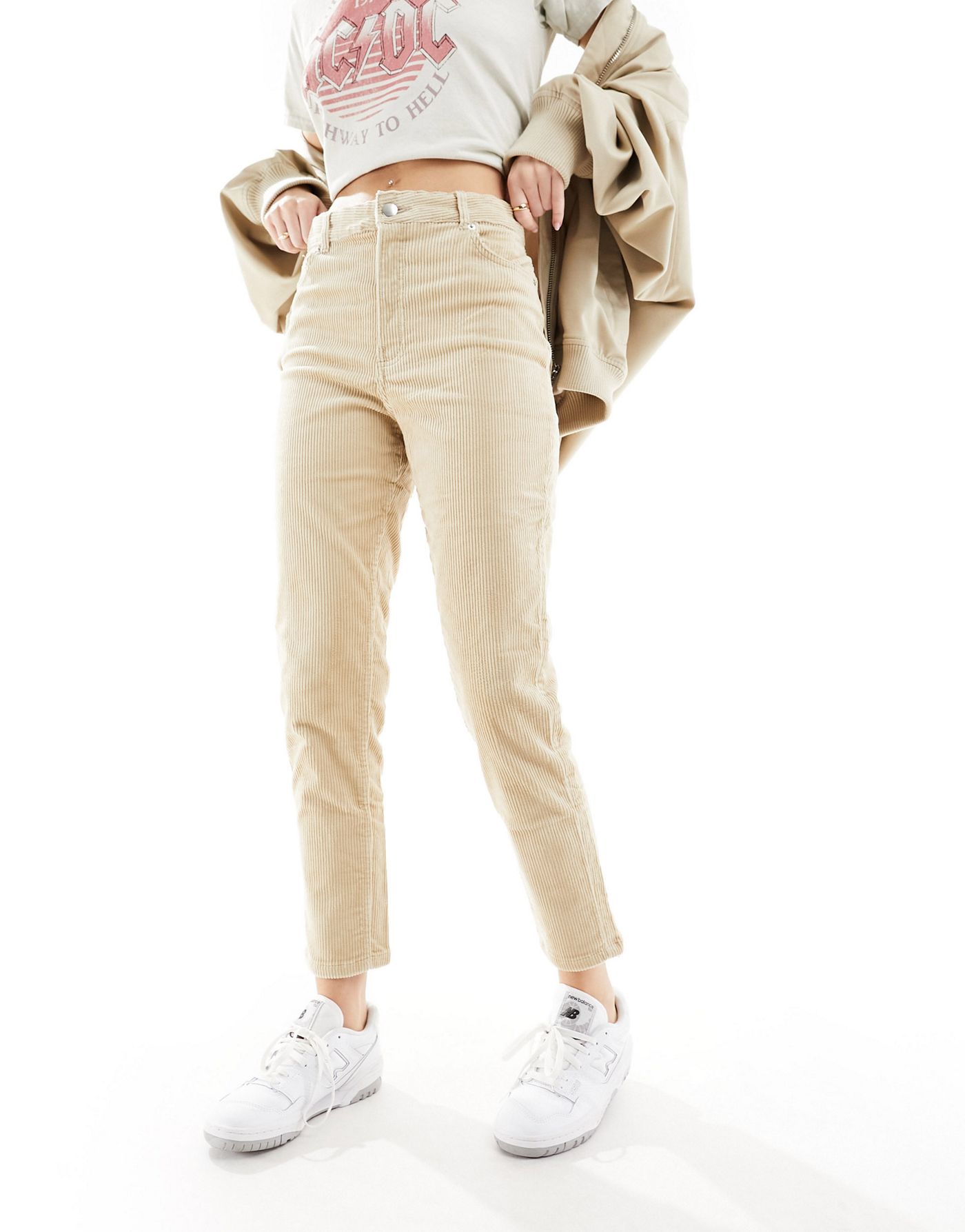 Monki corduroy high waisted cropped trousers in sand