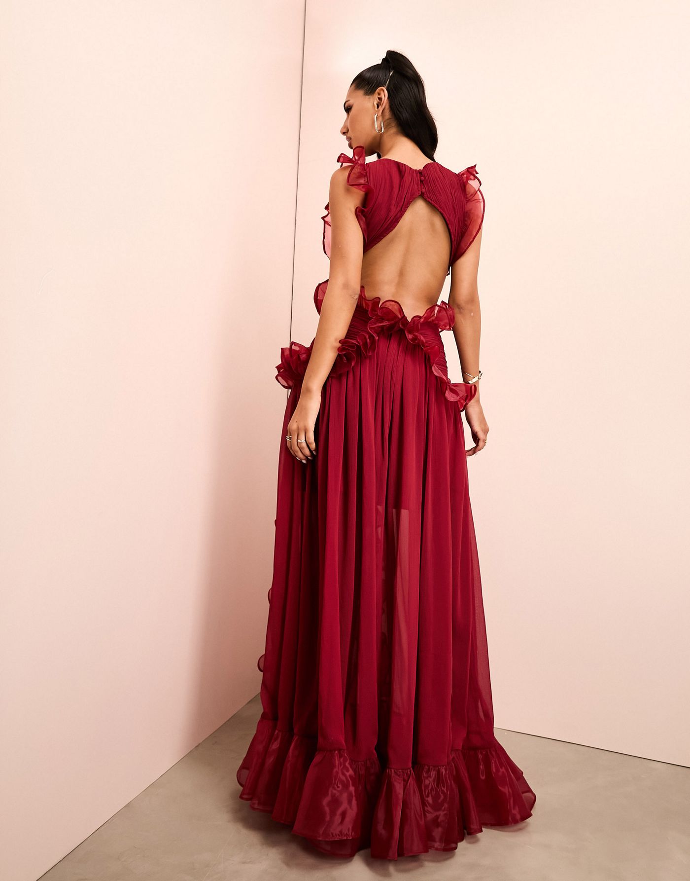ASOS LUXE plunge maxi dress with ruched chiffon detail & open back in burgundy