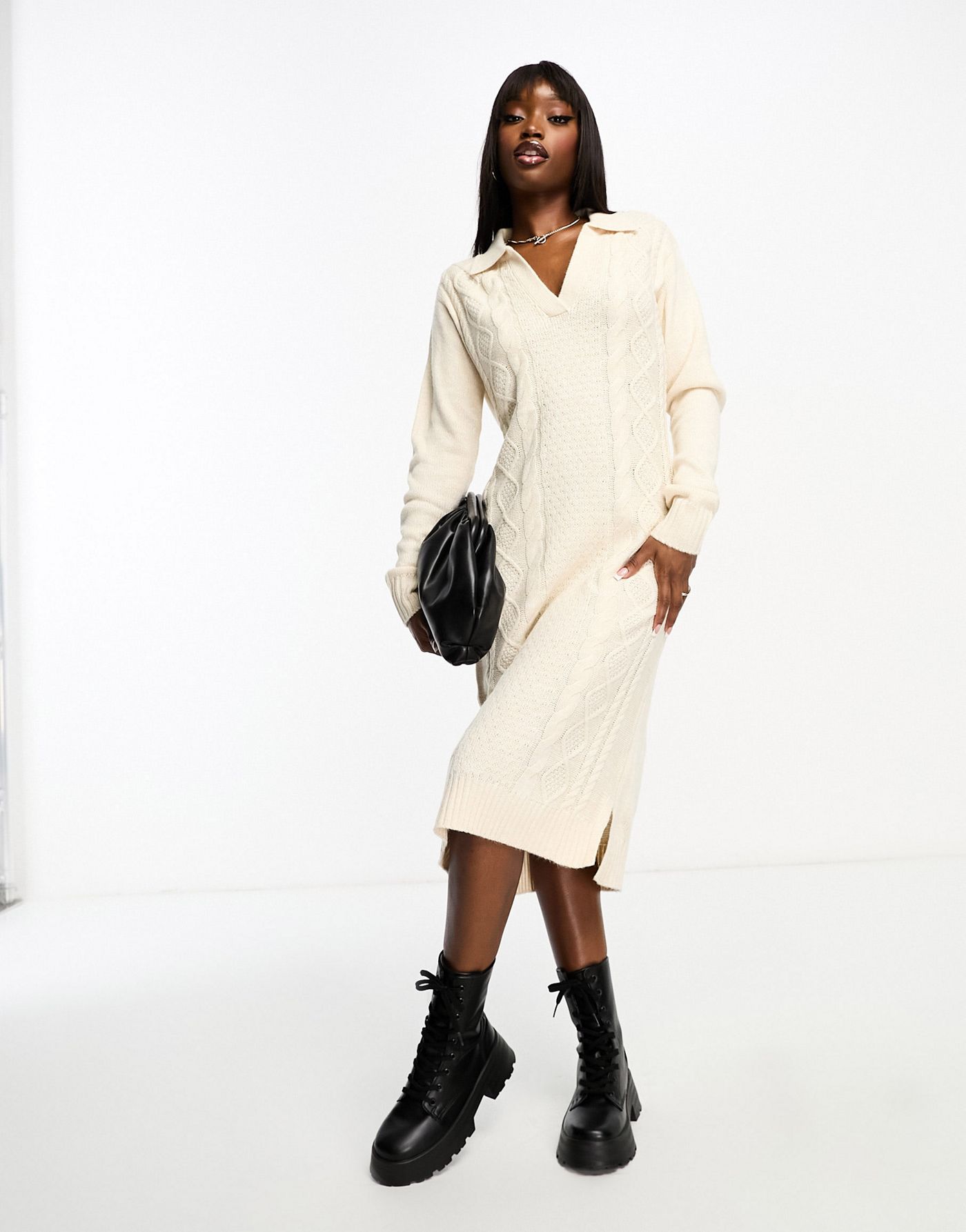 Threadbare Sadie v neck cable knitted midi jumper dress in oatmeal