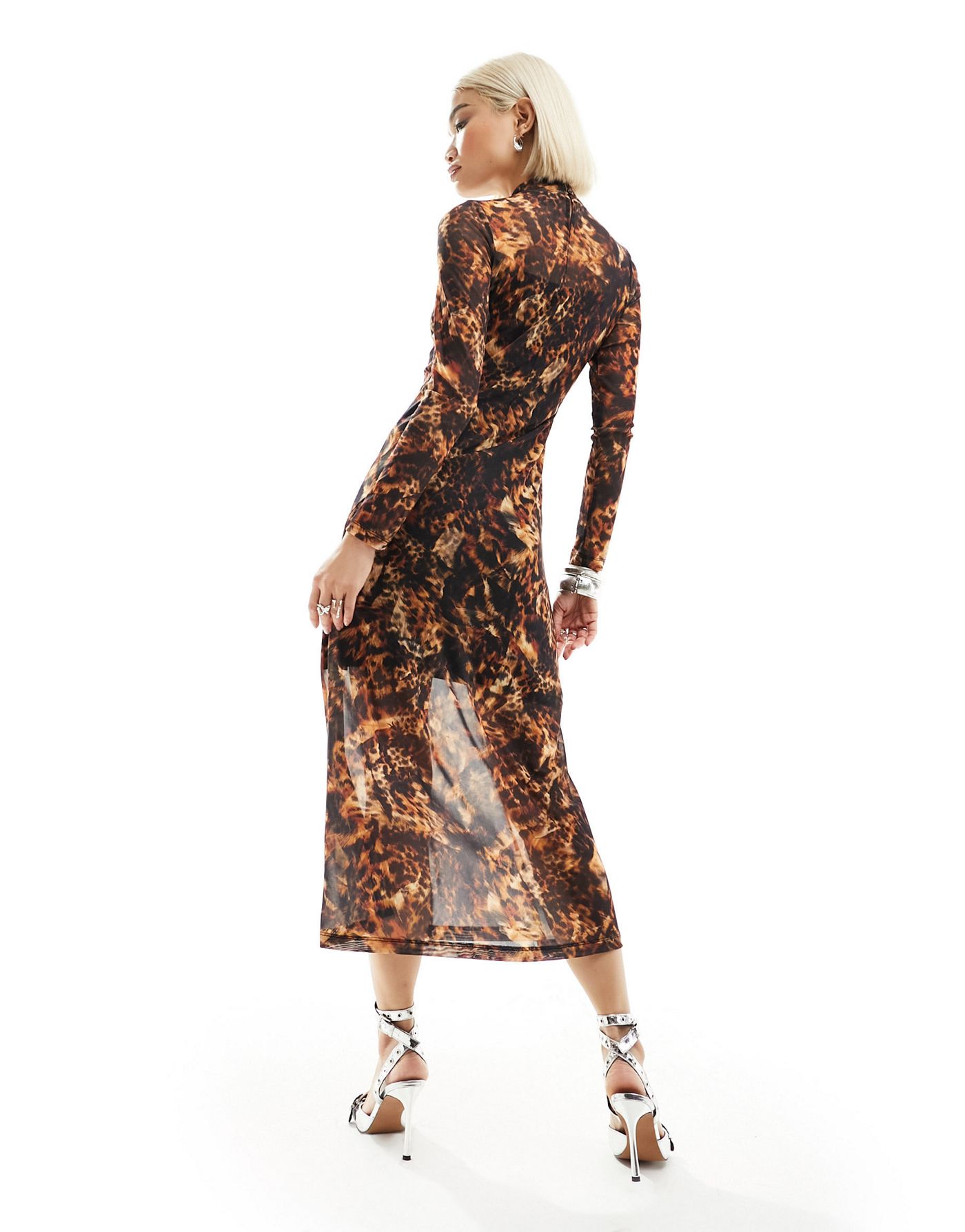 AllSaints Hanna Spark printed mesh midi dress in brown