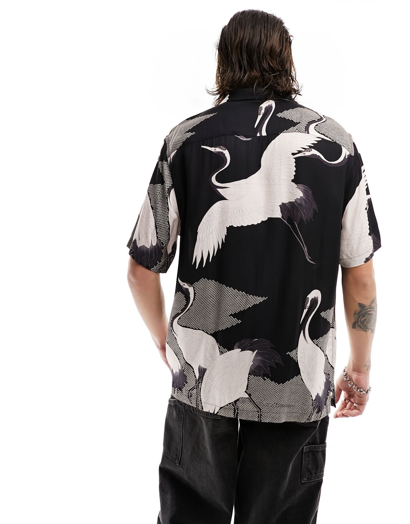 AllSaints Zikano short sleeve graphic shirt in black and white