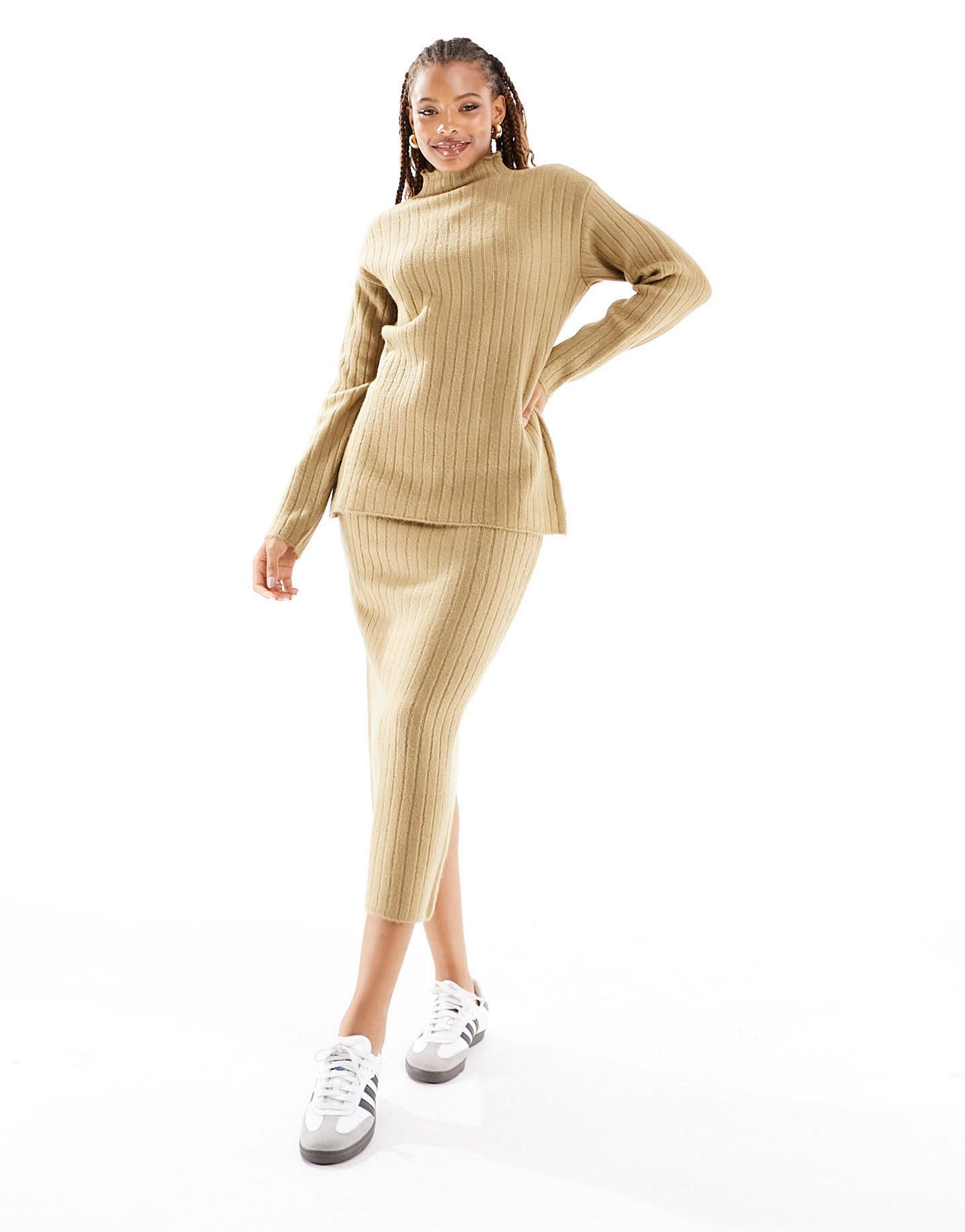 ASOS DESIGN oversized rib jumper with grown on neck in rib co-ord in camel