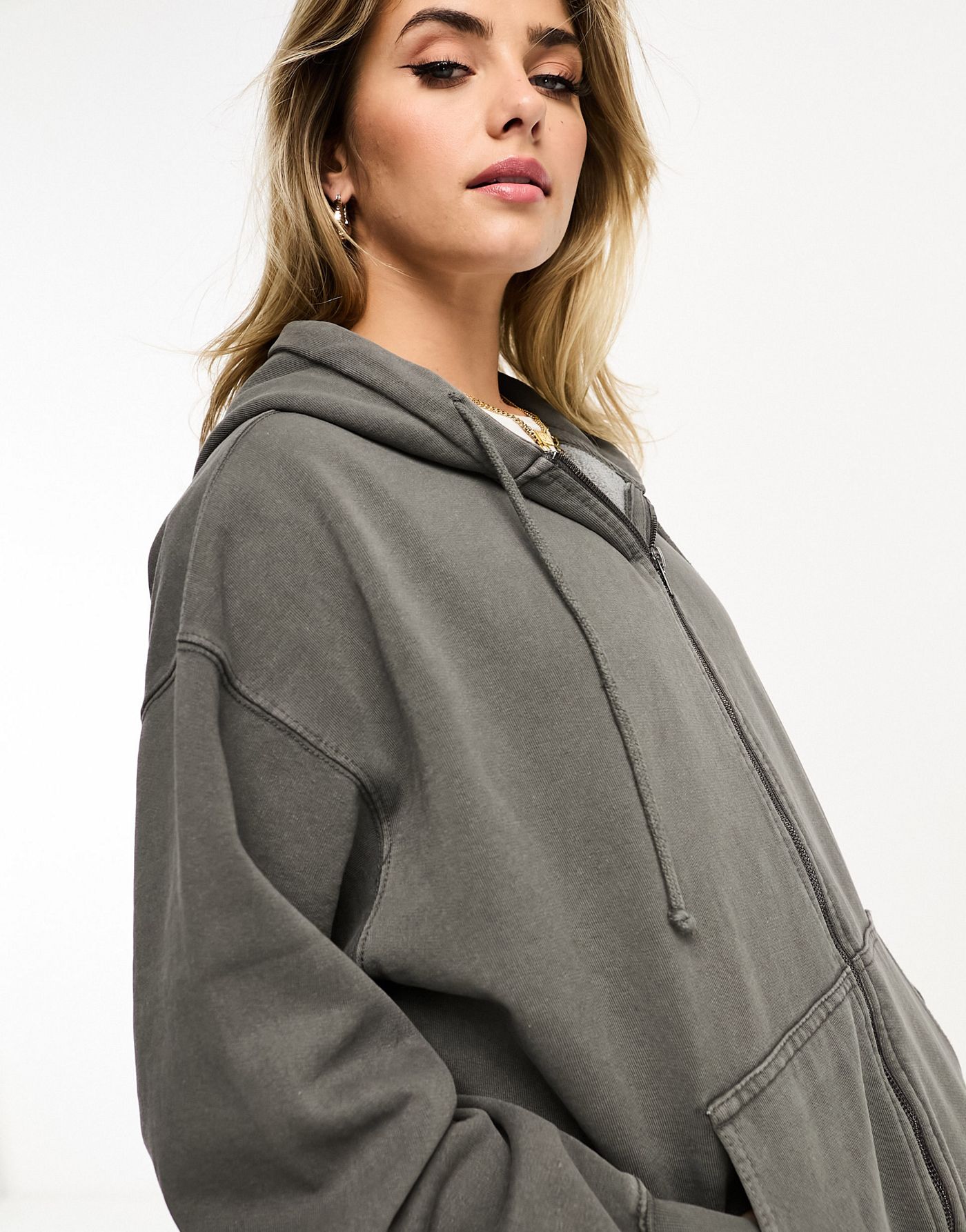 Pull&Bear zip through oversized hoodie in washed grey