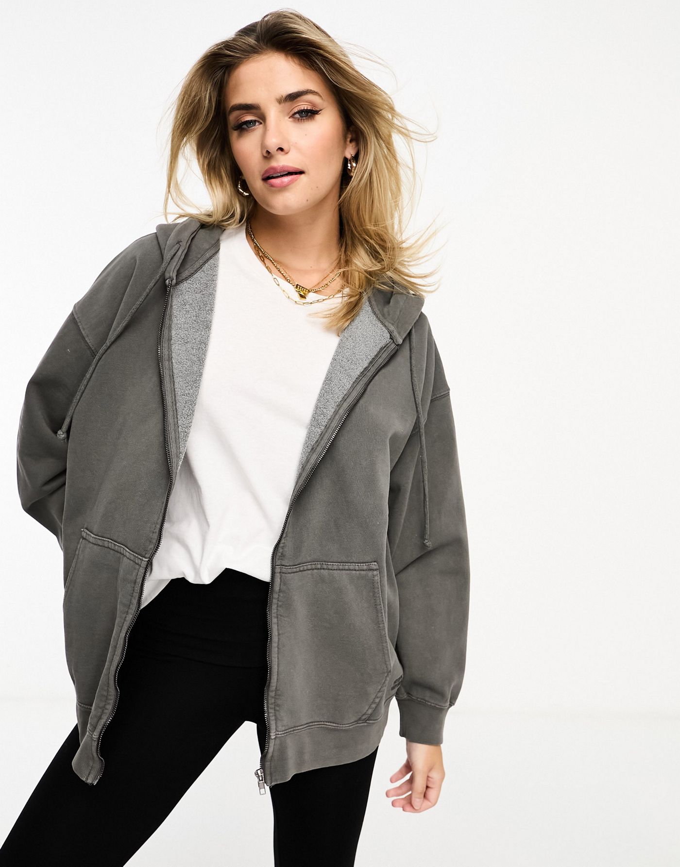 Pull&Bear zip through oversized hoodie in washed grey