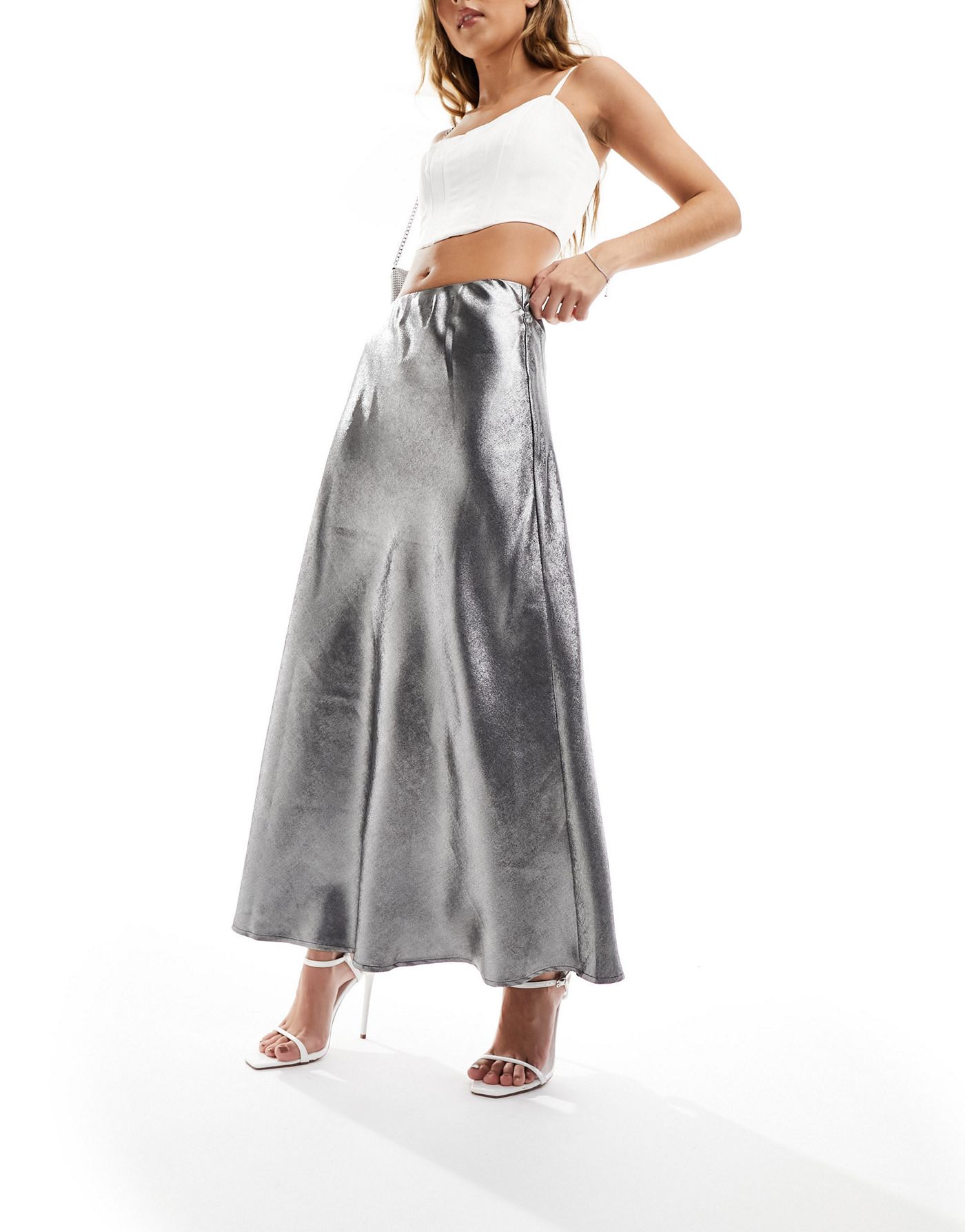 Y.A.S high waisted maxi skirt in grey metallic