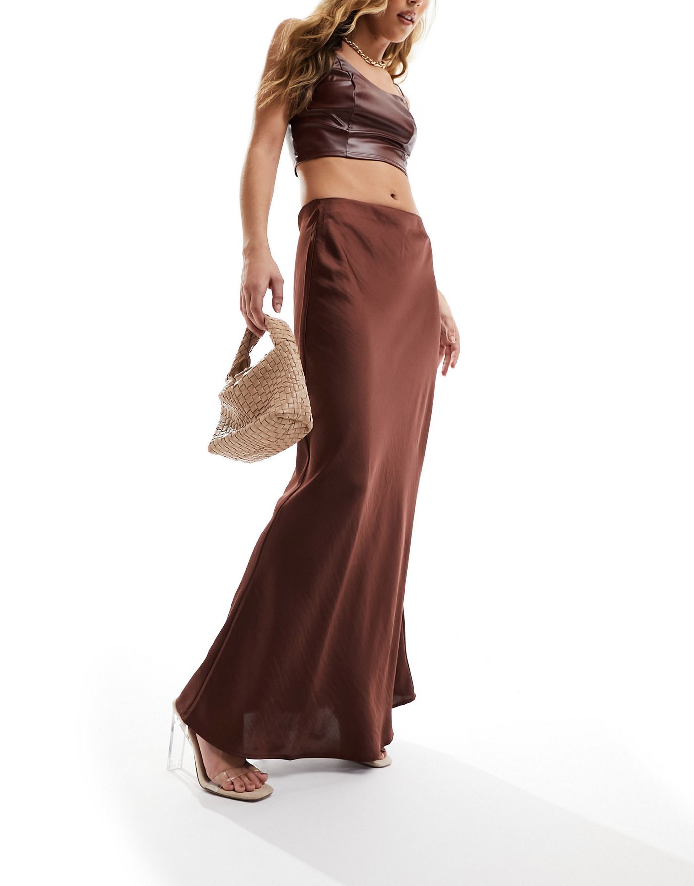 Y.A.S satin maxi skirt in rich chocolate brown