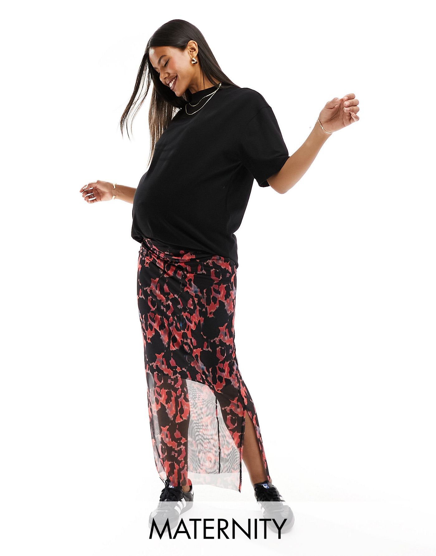Mamalcious Maternity abstract mesh maxi skirt in red abstract print