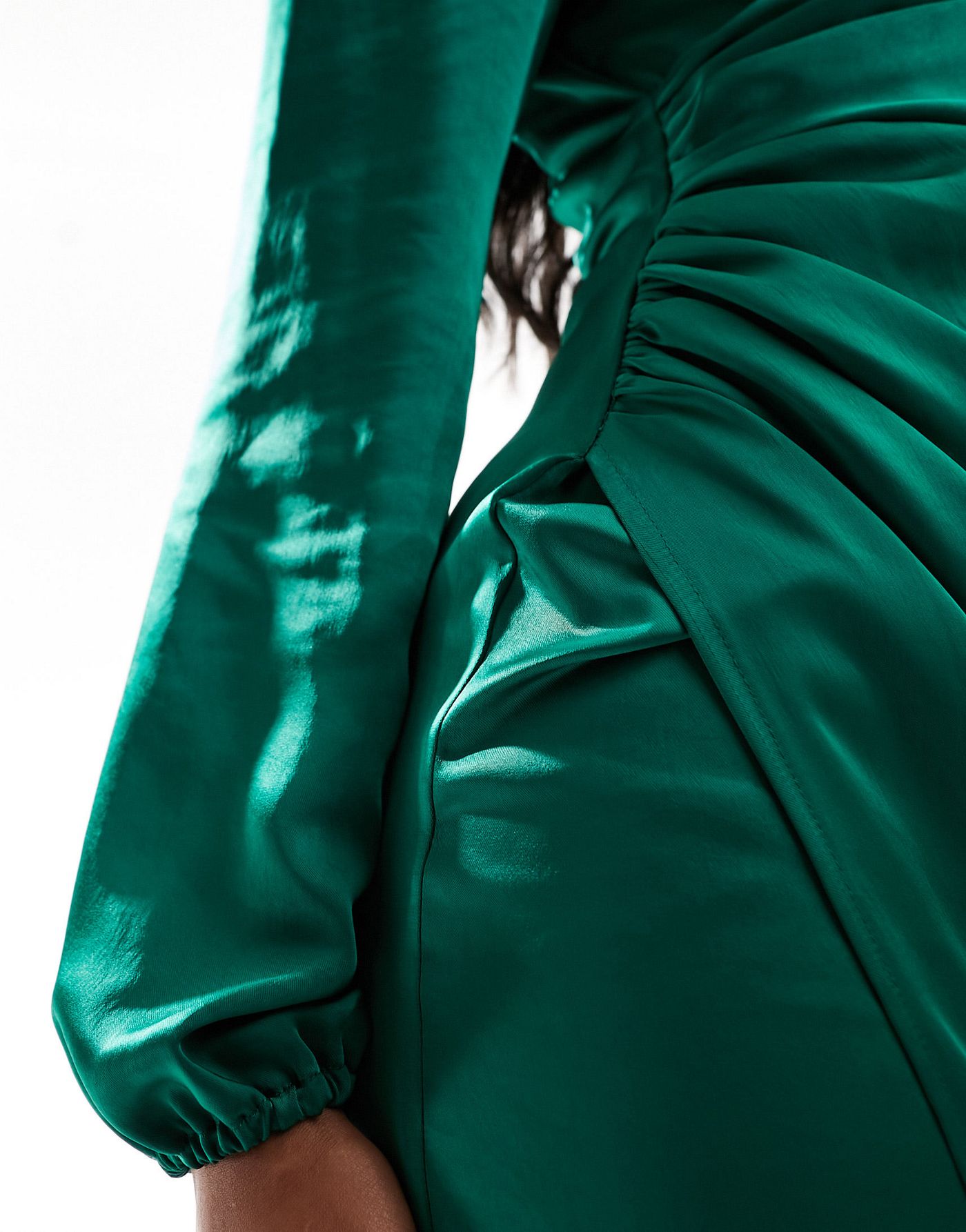 Flounce London wrap front satin mini dress in emerald green 