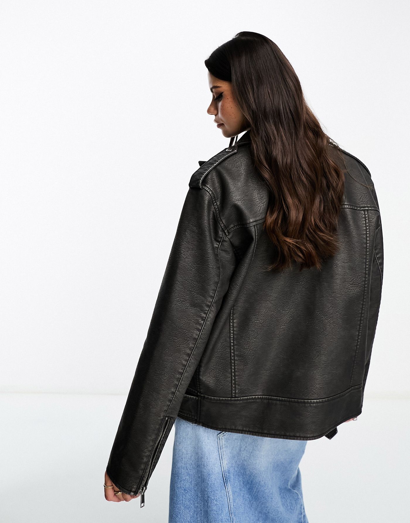 Miss Selfridge washed faux leather oversized biker jacket in black wash